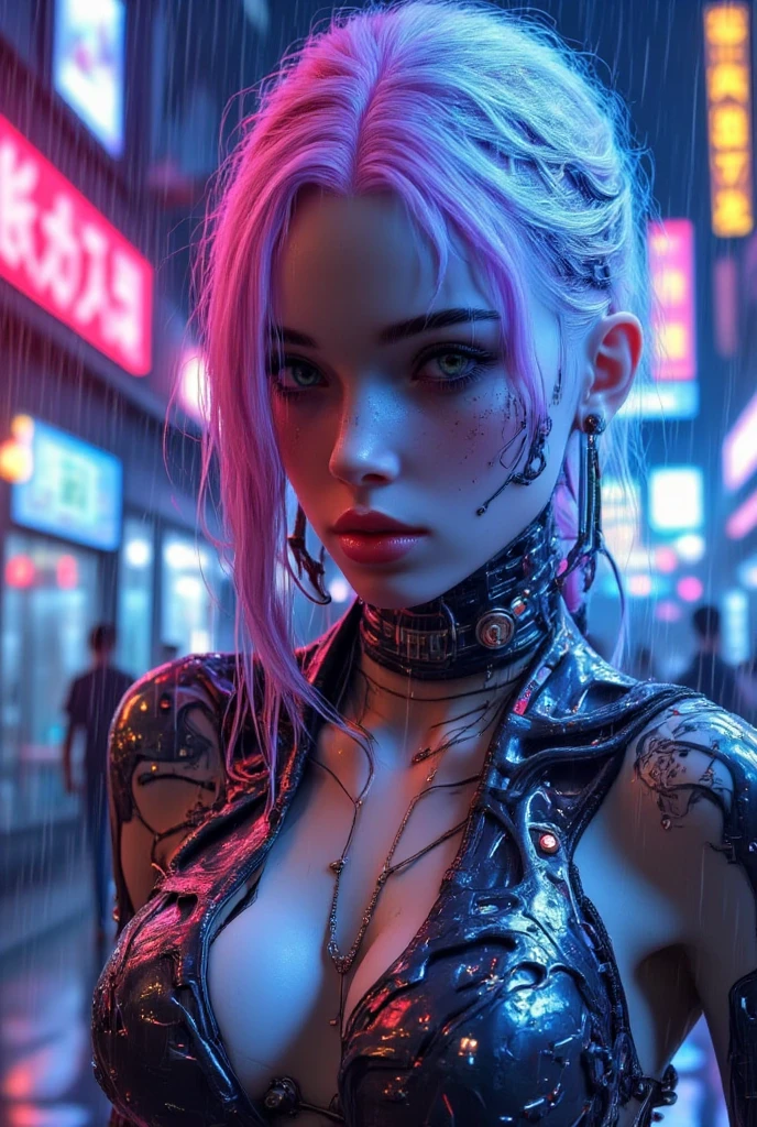 Female figure (age:1.1), (ethnicity:1.2), (body type:1.1), (pose:1.2), vibrant colors,  neon lights, in a cyberpunk style digital art, (detailed hair:1.2, color:1.3), (brightly colored hair:1.2, style:1.1), (facial features:1.3), (expression:1.2),  (accessories:1.1), (detailed clothing:1.2, style:1.2),  (detailed skin texture:1.2),  (piercing and earrings:1.2),  (lighting:1.3), (night scene:1.1), urban environment (neon signs:1.1), (rain:1.0),  (rainy night:1.1),  (detailed tattoos:1.1),  (composition:1.3), (full shot), (center focus), (facing viewer), vibrant color scheme (purple, blue, neon pink, and black),  dynamic composition,  photorealistic style,  anime style,  dramatic lighting, detailed background,  city lights,  high detail,  style artistic,  8k resolution