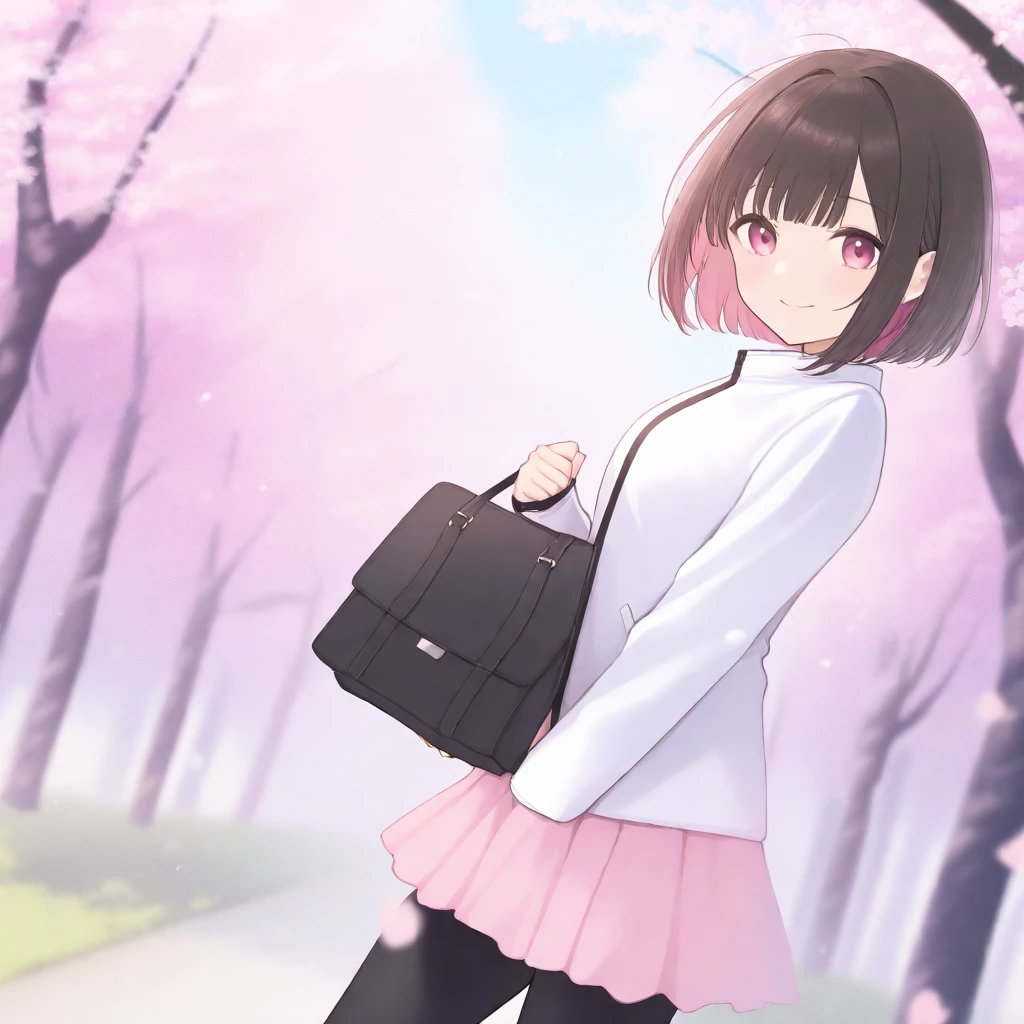 A lonely bob haired with bangs wearing white jacket, pink short skirt and leggings, carrying a bag and posing in beautiful cherry blossom nature.