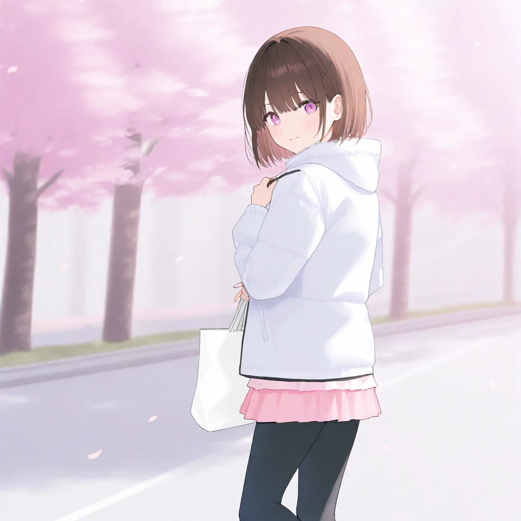 A lonely bob haired with bangs wearing white jacket, pink short skirt and leggings, carrying a bag and posing in beautiful cherry blossom nature.