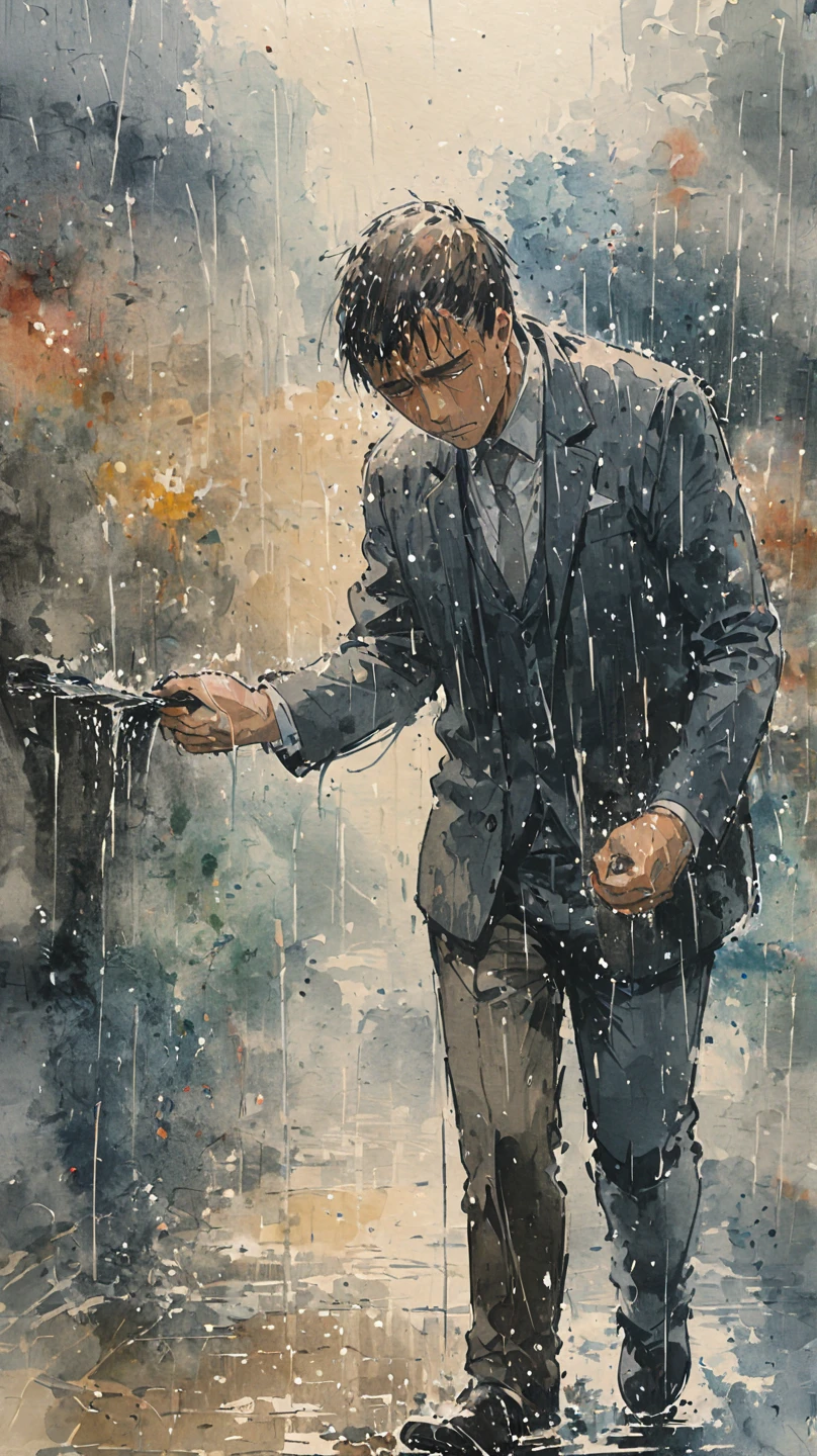 watercolor painting of a man in suit in the rain. full body shot of the man who is soaked under the rain. he tilts his head up to face the rain, the rainwater flows down his face. he is walking in the street, holding his hands out to feel the rain. watercolor brushes stroke painting style. the sky is dark.