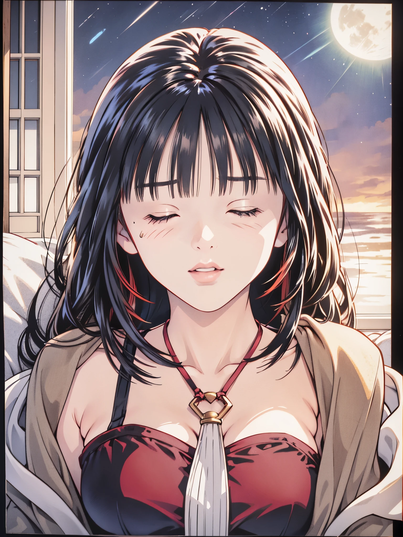 Hinata hyuga from Naruto, on bed , in red lingerie , wetting her bed , and fingering herself