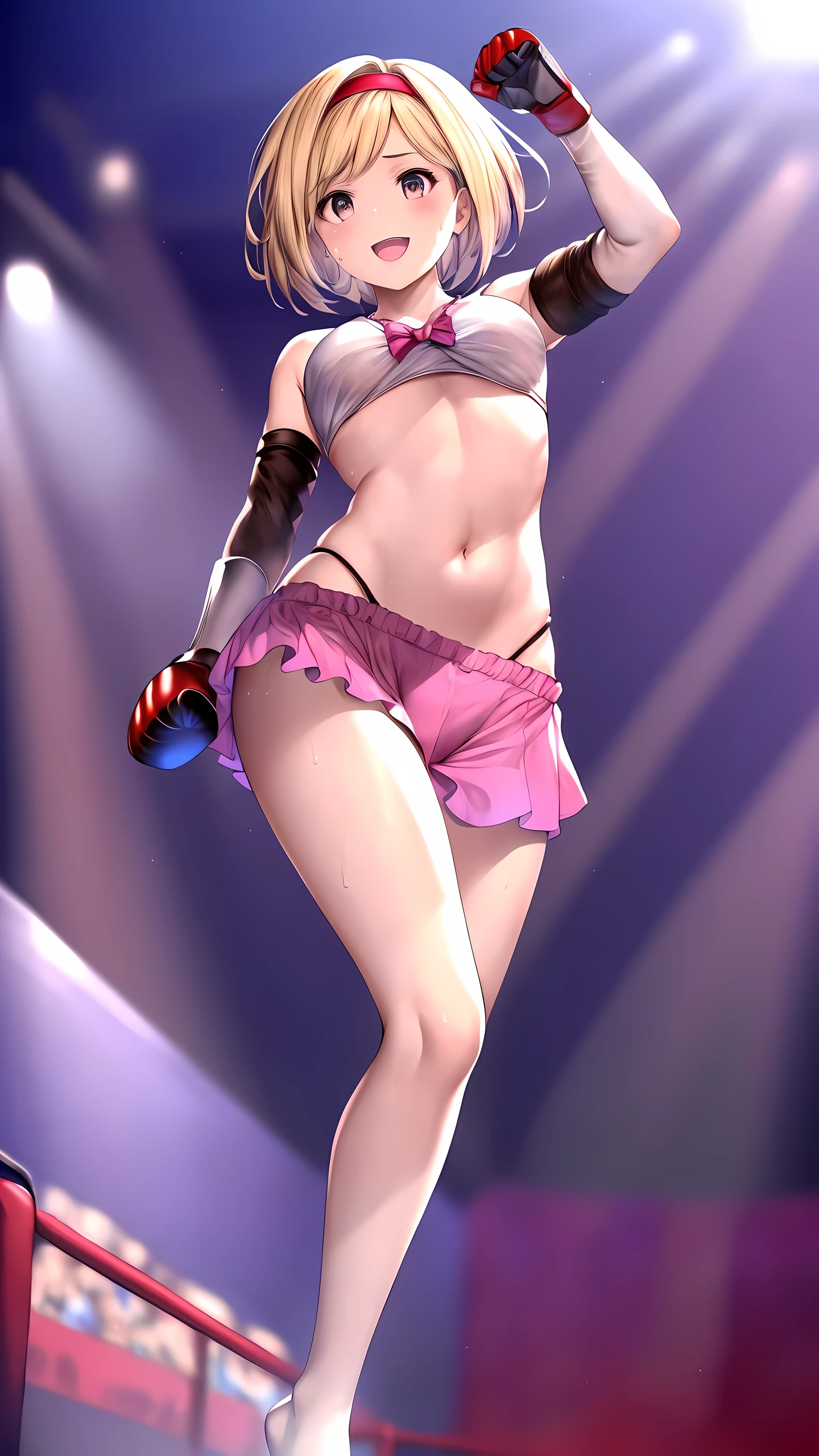 djeeta_(granblue_fantasy), 1girl, solo, Detailed eyes, (wearing mma costume:2, bare thigh, mma gloves, no sleeves:1.3, bare forearm:1.3, visible navel), bare foot, (slim long legs:1.3), Perfect body, (on boxing ring :1.5), (happy smile:1.5, open mouth), Toned body, Ultra HD, Detailed eyes, Detailed face, full body shot, looking at viewer, (from below:1.5, victory poses:1.5, arm up, leg up), sweaty, stage lighting,