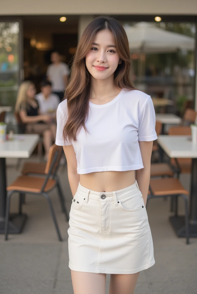  Korean girl with long hair, brown, natural, loose, slender,  medium breasts,  Smirk, Wear a cropped T-shirt with a round neck and short sleeves in white, Short pencil cream denim skirt , Random pose, standing ,  Moonlight , Daylight  ,Place outside the cafe ,Alone 