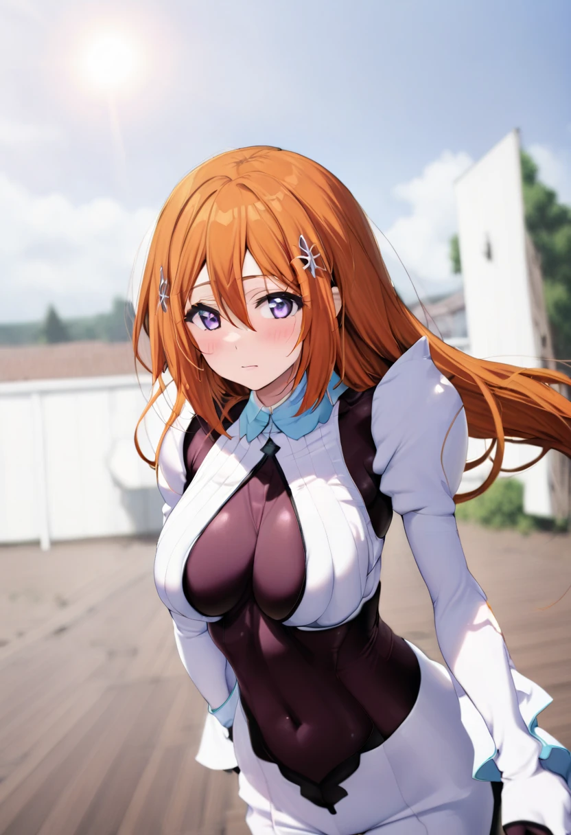 best quality,masterpiece,highres,absurdres,newest,rating: general, (orihime inoue, 1girl, cute, orihime inoue, purple eyes, white eyes, blunt bang), (bodysuits:1.5), blush, (large breasts), no bra, upper body, from front viewer, (sunshine, sky),  orange hair, brown hair, Hair: Orihime has long, burnt orange hair that's waist-length. In the TYBW anime, her hair is dark auburn., 
