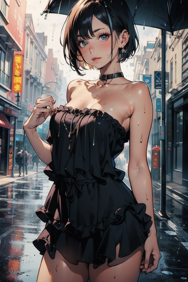 (( top quality , 8k, masterpiece:1.3)), concentrated:1.2,  perfect body beauty :1.4, Ass:1.2, (( Layered Haircut, chest:1.2)), ( wet close :1.1) , (rain, street:1.3),  bandeau dress: 1.1,  high definition face and skin texture,  beautiful eyes,  double eyelid, Whitened skin,  long hair, (shut up: 1.3), ノースリーブでchest元が大胆に開いた青黒いドレス