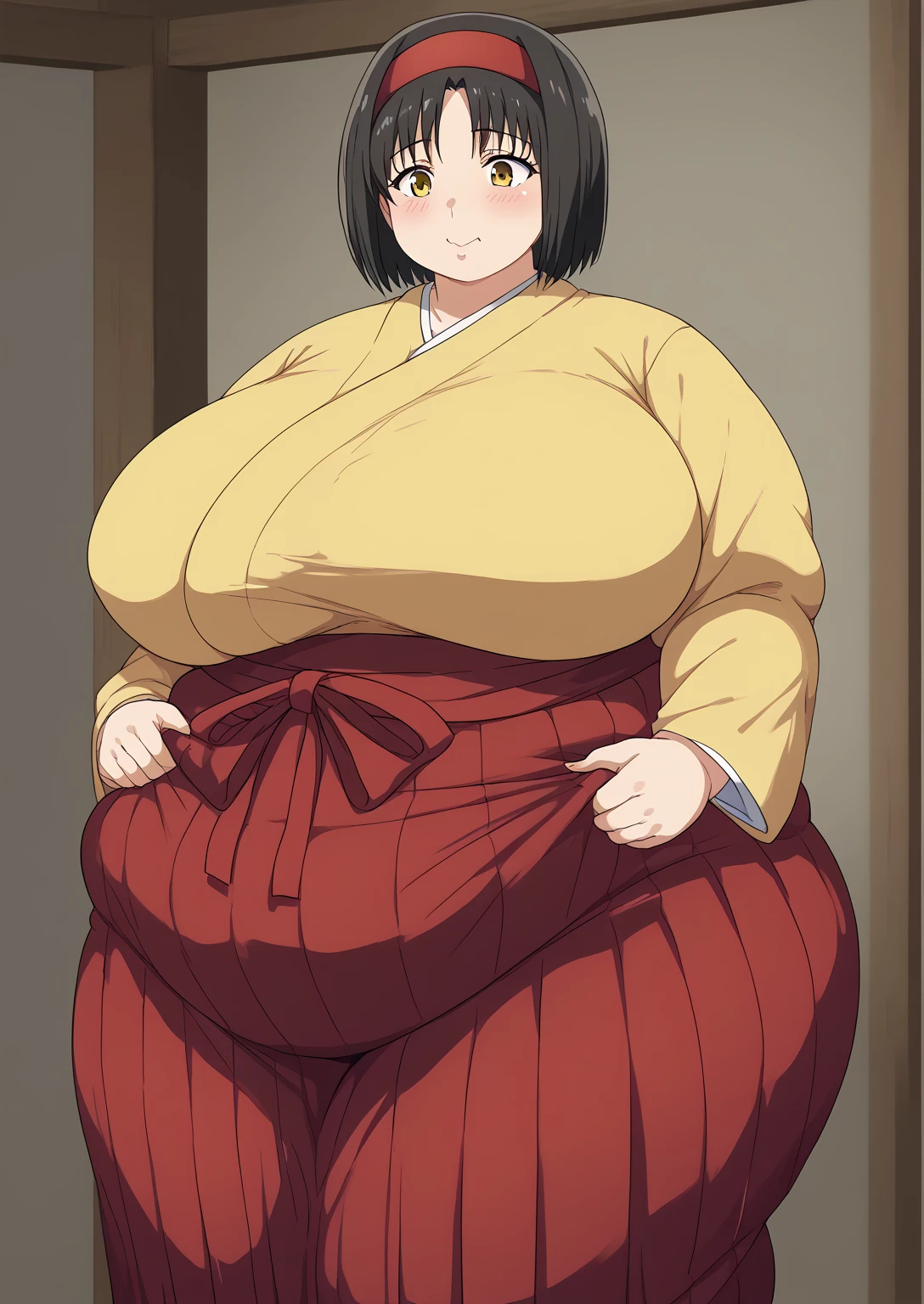 Erika, Erica,    yellow eyes  ,  Black Hair,  red headband,   Shorthair,  yellow kimono, Boobs are not exposed,   Long Sleeve  ,  red hakama, score_9,   score_8_ up,   score_7_ up,   score_6_ up,   score_5_ up,   score_4_ up,     masterpiece   ,   top quality,     very aesthetic  ,    absurd,    Source_Anime, Anime screencap,    one woman , Alone,   personal   ,  Super huge breasts, (((S uper huge クレビス, Super huge , Super huge boob))), Curvy,   in her 20s,  Mature Woman,   obese , ,  troubled expression, ssbbw,  embarrassing expression , Japanese-style room, Hunger, sighing ,I'm eating manju