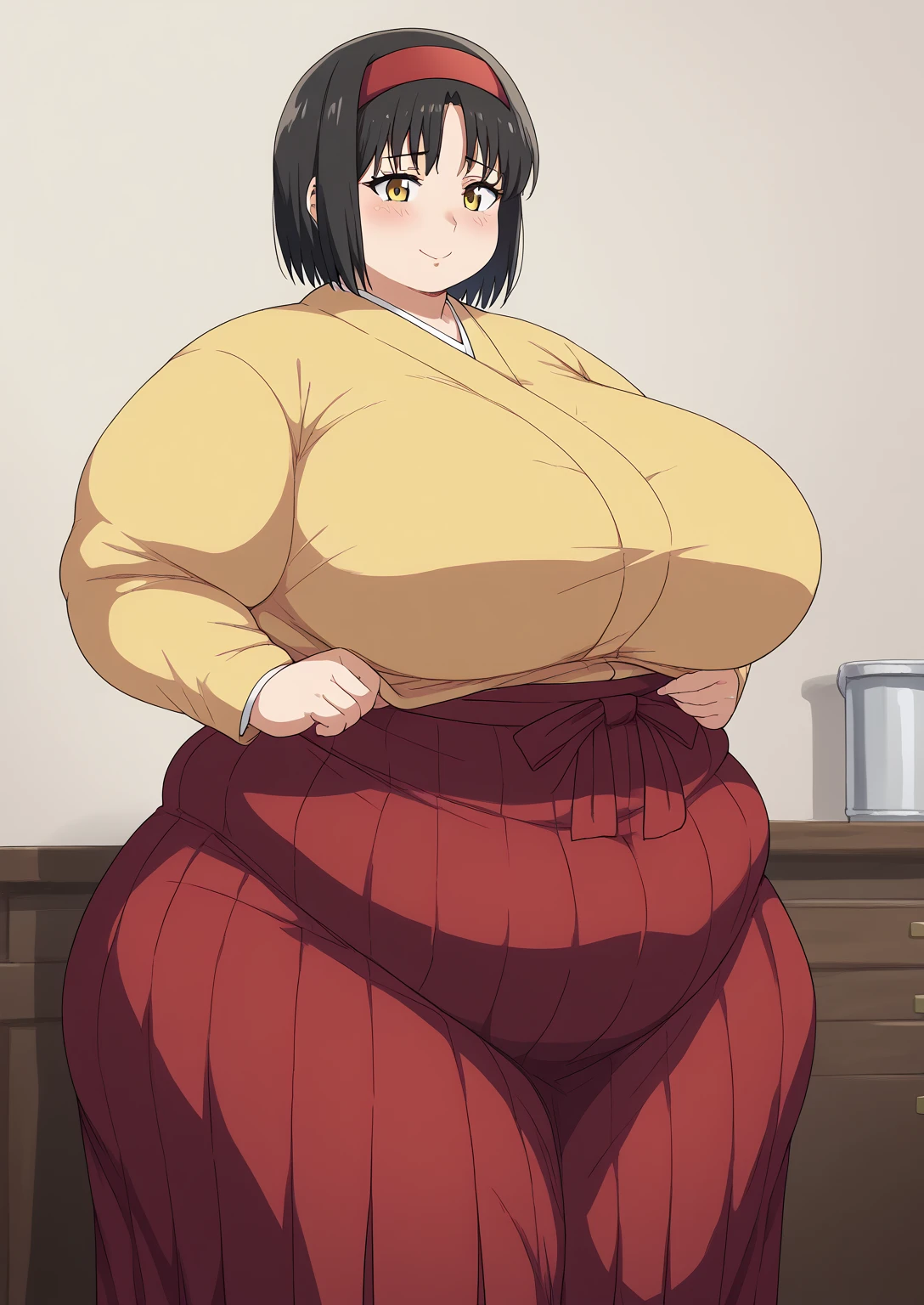 Erika, Erica,    yellow eyes  ,  Black Hair,  red headband,   Shorthair,  yellow kimono, Boobs are not exposed,   Long Sleeve  ,  red hakama, score_9,   score_8_ up,   score_7_ up,   score_6_ up,   score_5_ up,   score_4_ up,     masterpiece   ,   top quality,     very aesthetic  ,    absurd,    Source_Anime, Anime screencap,    one woman , Alone,   personal   ,  Super huge breasts, (((S uper huge クレビス, Super huge , Super huge boob))), Curvy,   in her 20s,  Mature Woman,   obese , ,  troubled expression, ssbbw,  embarrassing expression , Japanese-style room, Hunger, sighing ,I'm eating manju