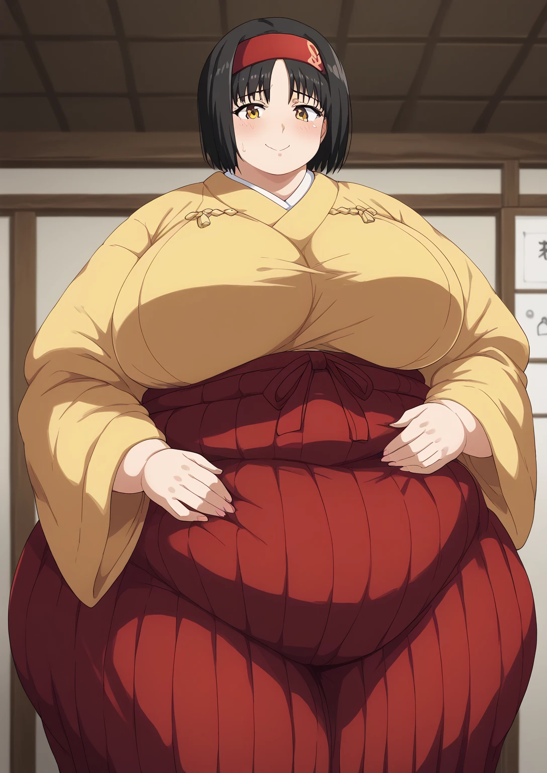 Erika, Erica,    yellow eyes  ,  Black Hair,  red headband,   Shorthair,  yellow kimono, Boobs are not exposed,   Long Sleeve  ,  red hakama, score_9,   score_8_ up,   score_7_ up,   score_6_ up,   score_5_ up,   score_4_ up,     masterpiece   ,   top quality,     very aesthetic  ,    absurd,    Source_Anime, Anime screencap,    one woman , Alone,   personal   ,  Super huge breasts, (((S uper huge クレビス, Super huge , Super huge boob))), Curvy,   in her 20s,  Mature Woman,   obese , ,  troubled expression, ssbbw,  embarrassing expression , Japanese-style room, Hunger, sighing ,I'm eating manju