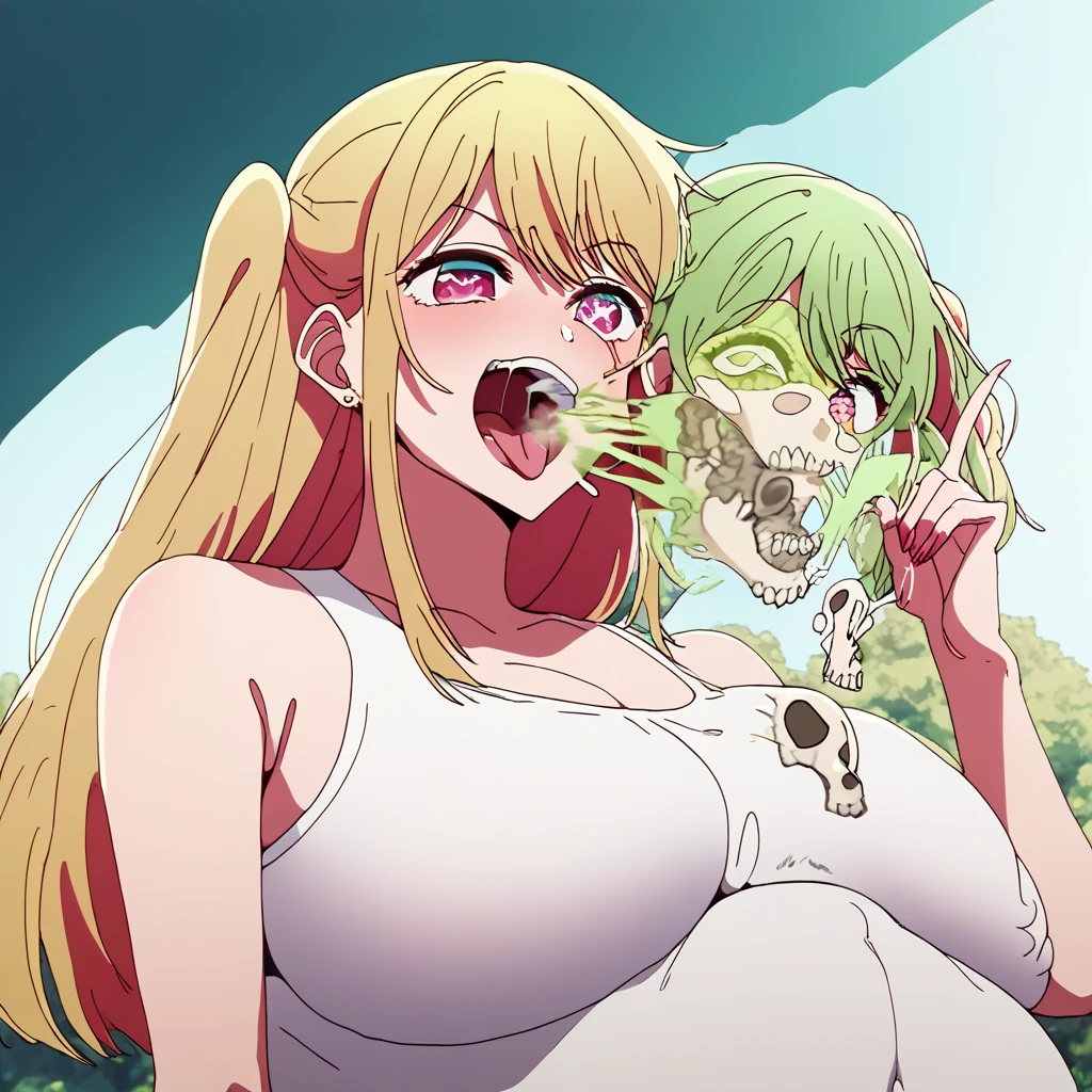 A person trapped inside Ai Hoshino's belly. X ray vore. burping, mass vore, digesting, bones. Ai hoshino lets out a massive green burp to show she is satisfied,, 10 prey in her stomach, 1 pred, 1 Girl, Ai Hoshino's eyes are  6 pointed star pupils on both eye, High Details, burping up bones, ruby hoshino at the right mixing her boney burps, bones, skull, gas, green cloud, hot breathe