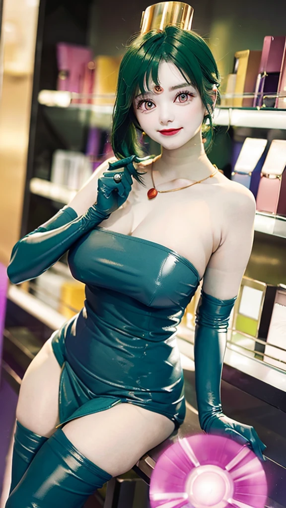 (masterpiece, top quality ,Ultra delicate,  perfect face,16k,   high res ,   very beautiful women,raw photo,very cute), Heavy makeup:1.3,  deep green hair  ,  Blue Latex Bodycon Dress ,   Long Blue Latex Gloves  , Light Green Tights ,  Big Breasts , Tall Cylindrical Gold Headpiece ,   blue-white skin, Red gem on forehead:2.0, ((Cosmetics counter  )),   necklace,  smile ,  cowboy shot