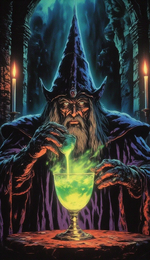 dvd screenshot of 1987 Dark Souls fantasy film, scene of a wizard drinking green atomic liquid from a cup