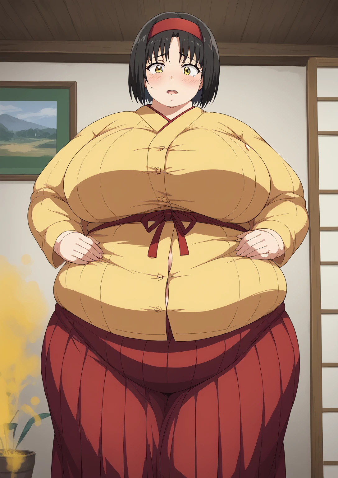 Erika, Erica,    yellow eyes  ,  Black Hair,  red headband,   Shorthair,  yellow kimono, Boobs are not exposed,   Long Sleeve  ,  red hakama, score_9,   score_8_ up,   score_7_ up,   score_6_ up,   score_5_ up,   score_4_ up,     masterpiece   ,   top quality,     very aesthetic  ,    absurd,    Source_Anime, Anime screencap,    one woman , Alone,   personal   ,  Super huge breasts, (((S uper huge クレビス, Super huge , Super huge boob))), Curvy,   in her 20s,  Mature Woman,   obese , ,  troubled expression, ssbbw,  embarrassing expression , Japanese-style room, Hunger, sighing ,fart, Woman farting 