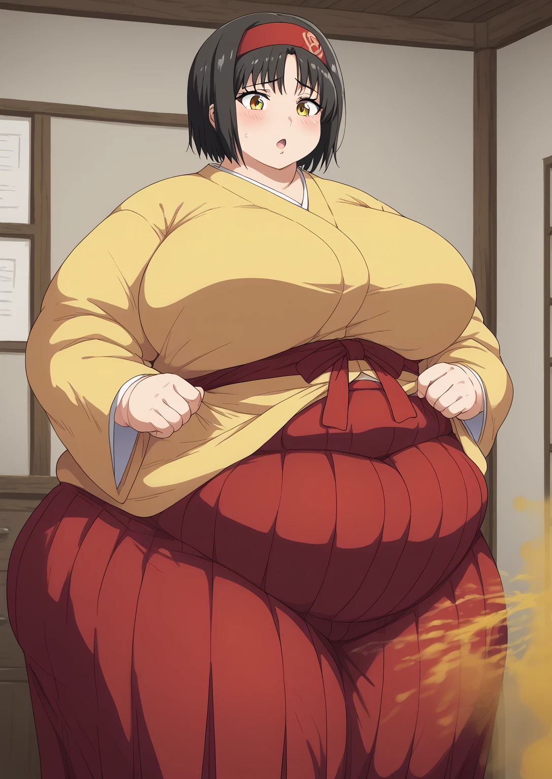 Erika, Erica,    yellow eyes  ,  Black Hair,  red headband,   Shorthair,  yellow kimono, Boobs are not exposed,   Long Sleeve  ,  red hakama, score_9,   score_8_ up,   score_7_ up,   score_6_ up,   score_5_ up,   score_4_ up,     masterpiece   ,   top quality,     very aesthetic  ,    absurd,    Source_Anime, Anime screencap,    one woman , Alone,   personal   ,  Super huge breasts, (((S uper huge クレビス, Super huge , Super huge boob))), Curvy,   in her 20s,  Mature Woman,   obese , ,  troubled expression, ssbbw,  embarrassing expression , Japanese-style room, Hunger, sighing ,fart, Woman farting 