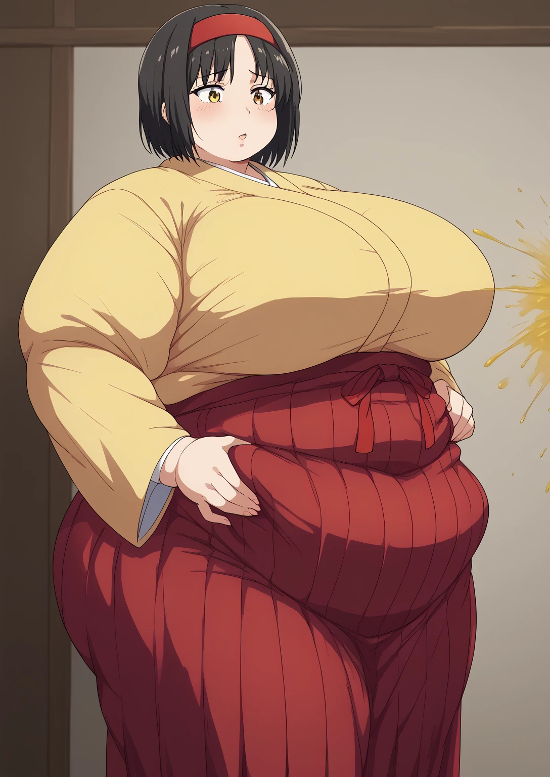 Erika, Erica,    yellow eyes  ,  Black Hair,  red headband,   Shorthair,  yellow kimono, Boobs are not exposed,   Long Sleeve  ,  red hakama, score_9,   score_8_ up,   score_7_ up,   score_6_ up,   score_5_ up,   score_4_ up,     masterpiece   ,   top quality,     very aesthetic  ,    absurd,    Source_Anime, Anime screencap,    one woman , Alone,   personal   ,  Super huge breasts, (((S uper huge クレビス, Super huge , Super huge boob))), Curvy,   in her 20s,  Mature Woman,   obese , ,  troubled expression, ssbbw,  embarrassing expression , Japanese-style room, Hunger, sighing ,fart, Woman farting 