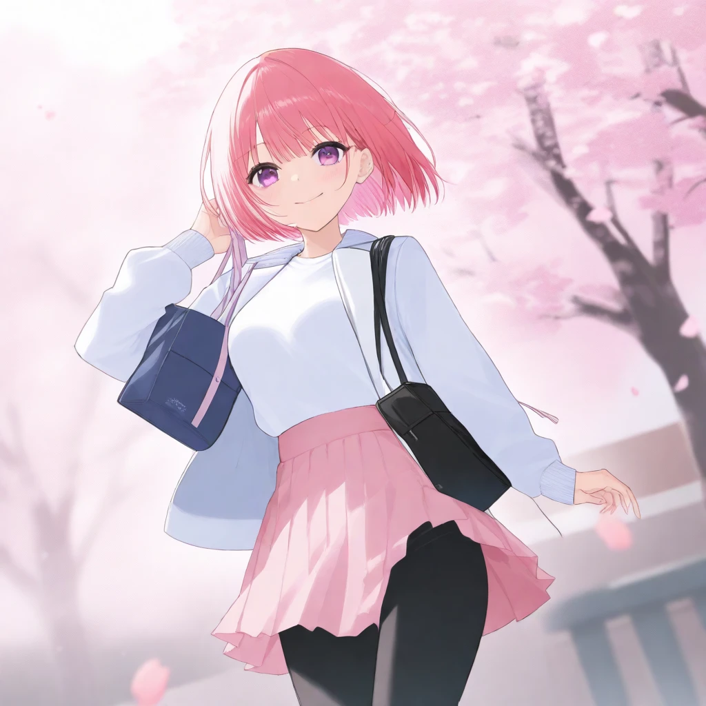 A lonely beautiful bob haired with bangs wearing white jacket, pink short skirt and leggings, carrying a bag and posing in beautiful cherry blossom nature.