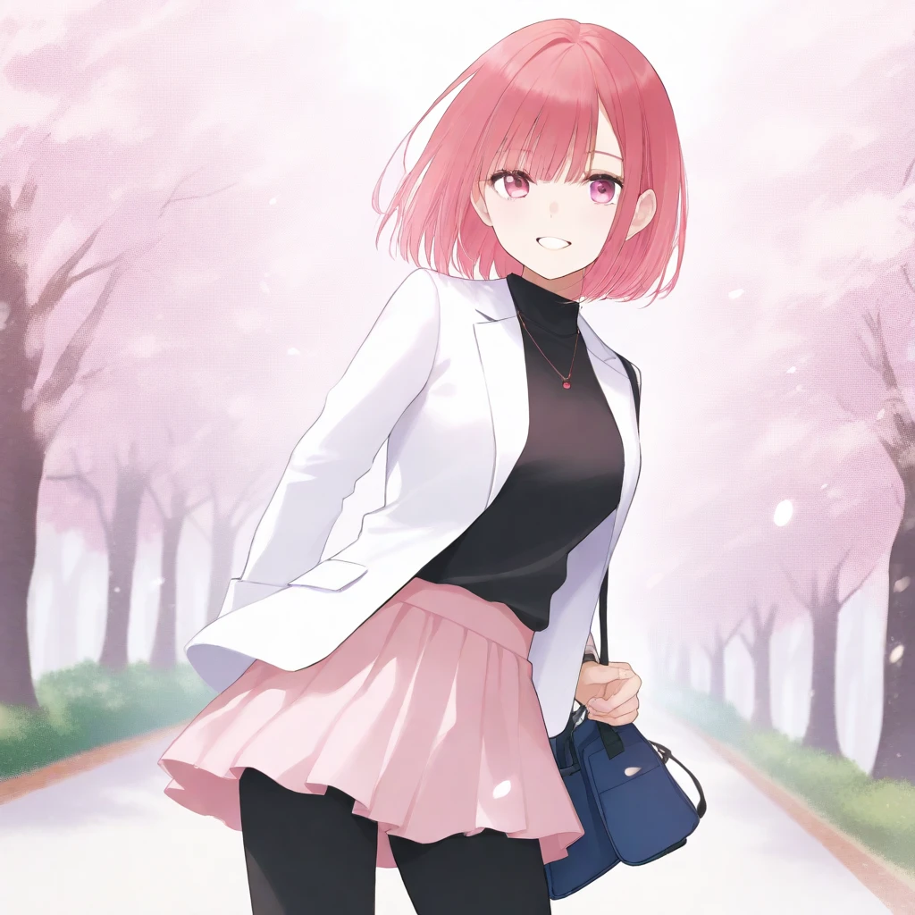 A lonely beautiful bob haired with bangs wearing white jacket, pink short skirt and leggings, carrying a bag and posing in beautiful cherry blossom nature.