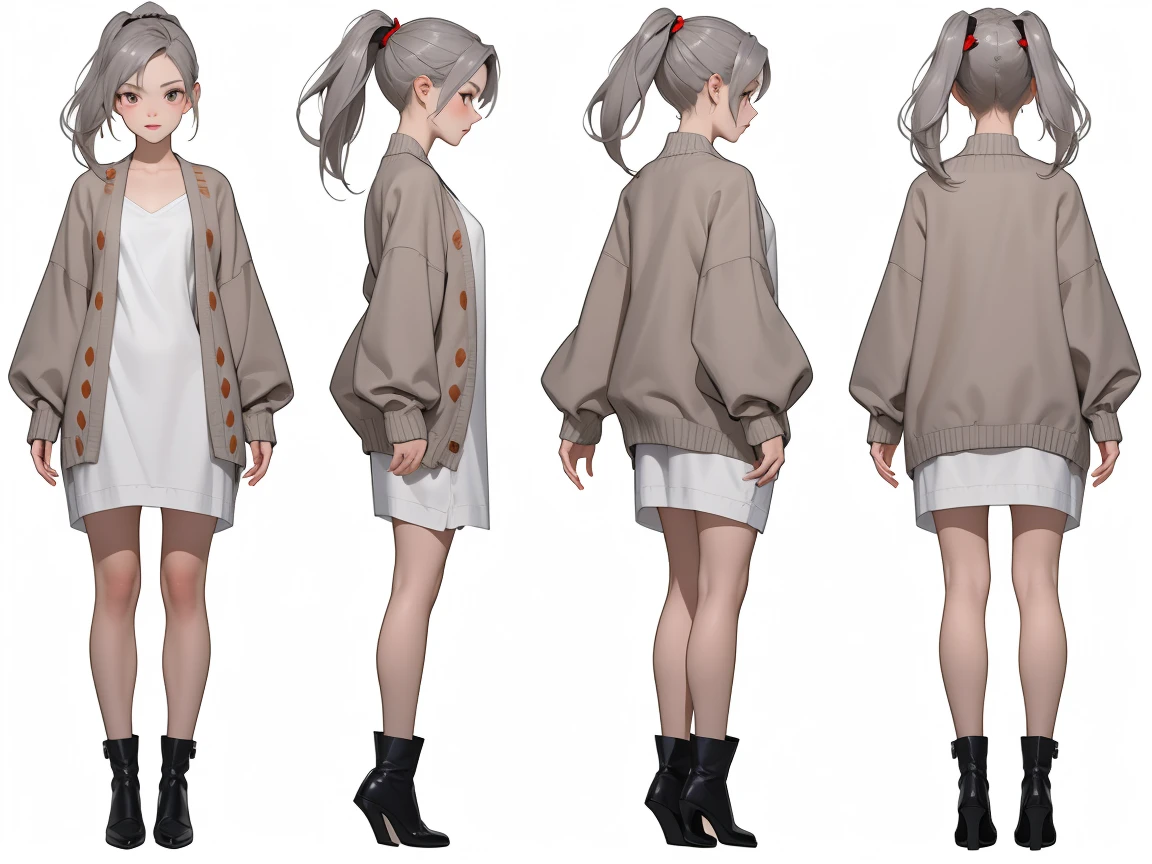 highres, masterpiece,
multi-view, turnaround, model sheet,  character design,
white background, simple background,
full body character turnaround of 1girl, Multiple views of the same character in the same outfit,
detailed costume design, Beautiful white short dress, red cardigan, pure style,kawaii girl,a gray-haired ponytail
