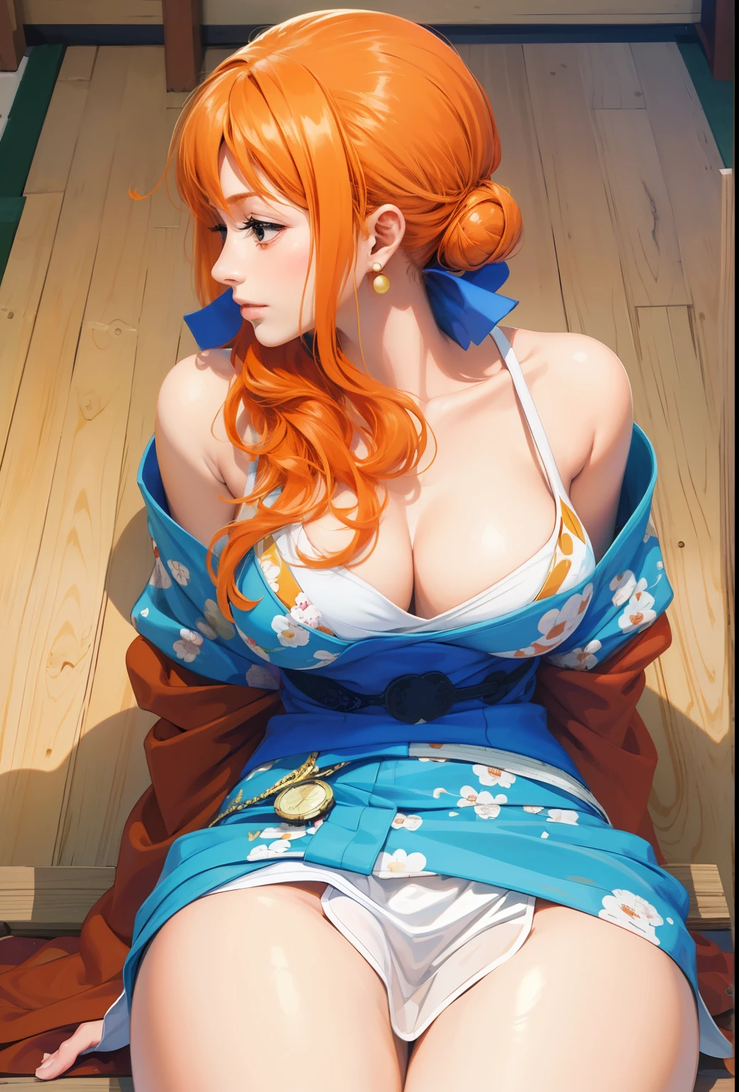 “(masterpaintings,Hi-Def,ultra high def,4K)orange short hair,14 years old Japanese girl,Bare shoulders,Blue body kimono,emphasizing thighs,Exposing the skin of the legs,soft thighs,Glossy thighs,Sit on a pirate ship,Face-to-face perspective,(From the angle below),Sit on deck,Sit in front,Crotch zoom camera,Feet on the floor,Whole human body,Smile with,Just look at the audience", optimal quality, ultra high def, (realisticlying:1.4), high resolucion, specifics,Nami,