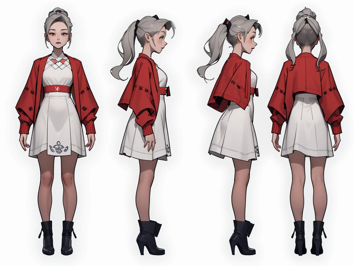 highres, masterpiece,
multi-view, turnaround, model sheet,  character design,
white background, simple background,
full body character turnaround of 1girl, Multiple views of the same character in the same outfit,
detailed costume design, Unique white short dress, red cardigan, pure style,kawaii girl,a gray-haired ponytail
