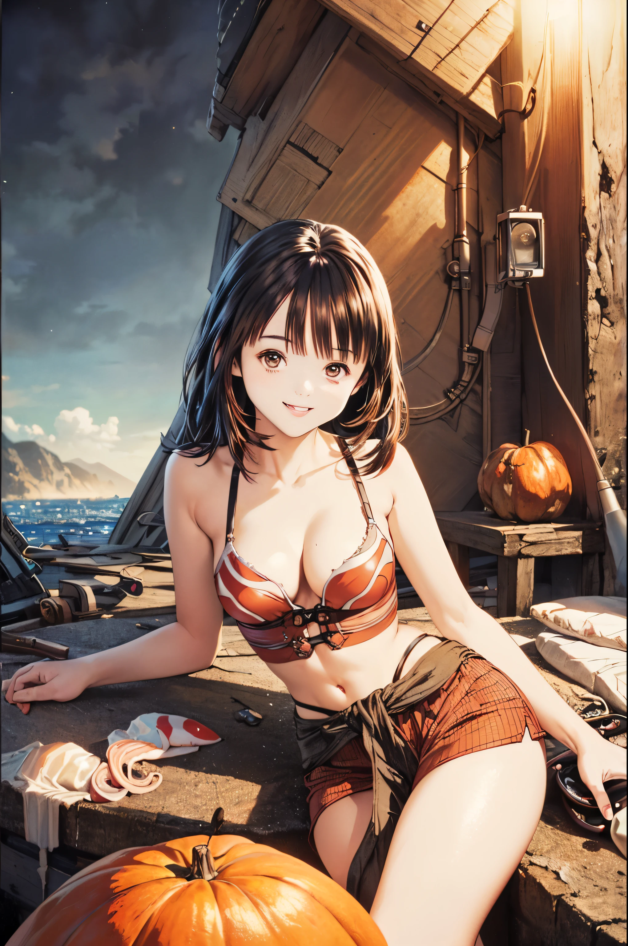 Beautiful woman with brown hair and blue eyes　　Cow horn　　Has an axe　　Long Hair　　Wearing a jacket　Cow print bikini　Large Breasts