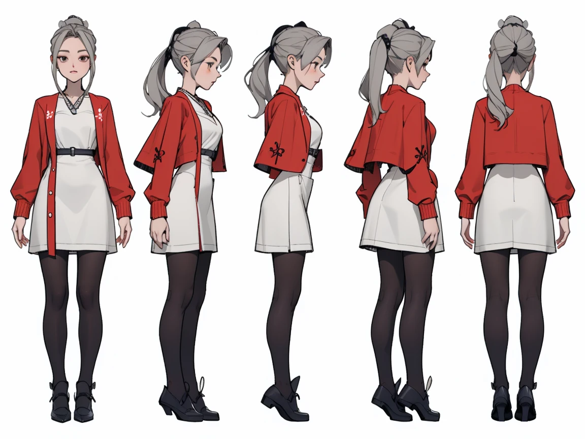 highres, masterpiece,
multi-view, turnaround, model sheet,  character design,
white background, simple background,
full body character turnaround of 1girl, Multiple views of the same character in the same outfit,
detailed costume design, cute white short dress, red cardigan, pure style,kawaii girl,a gray-haired ponytail
