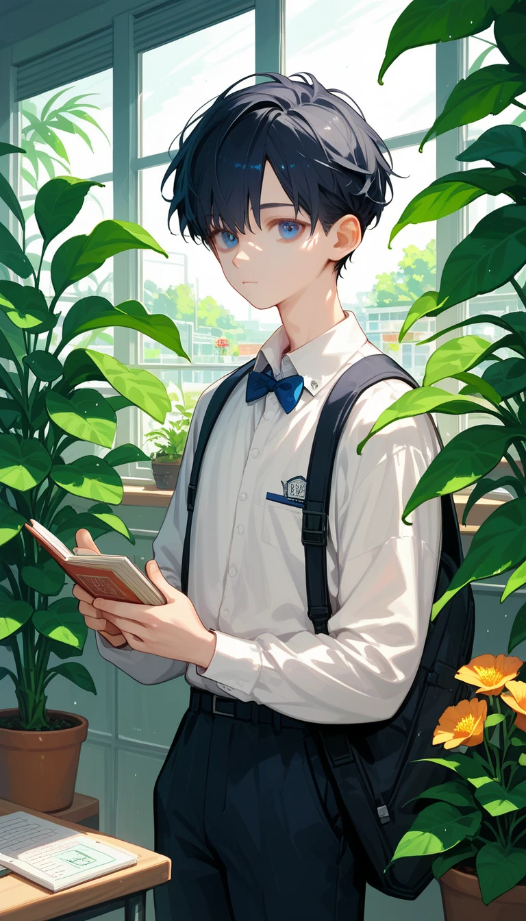 score_9, score_8_ up, score_7_ up,((8k)), one boy ,university student,Feeling depressed, very short dark hair,( small:0.9), dark blue eyes,North Star Ring,greenhouse,Alone