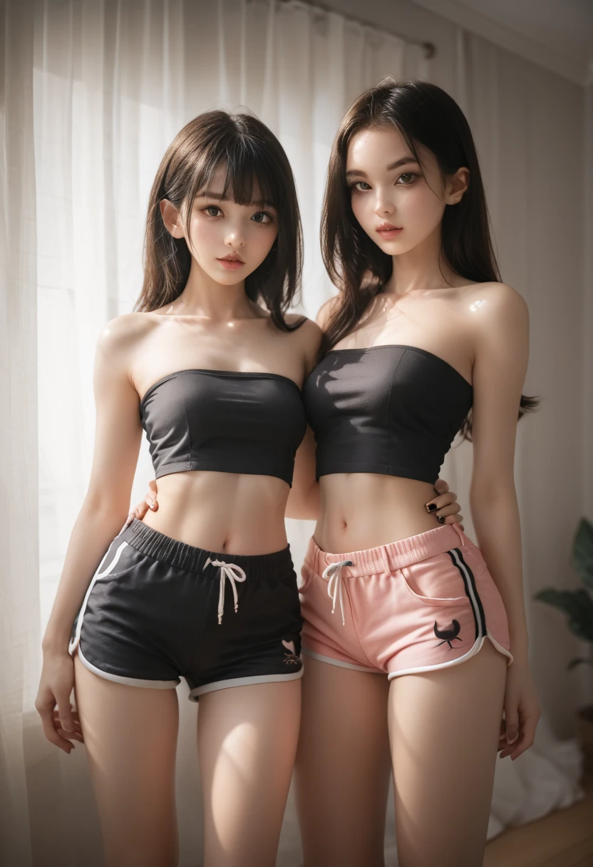 2girls Cute small young petite teen little goth twin sisters sexy sister in sexy tubetop and dolphin shorts in the bedroom relaxing