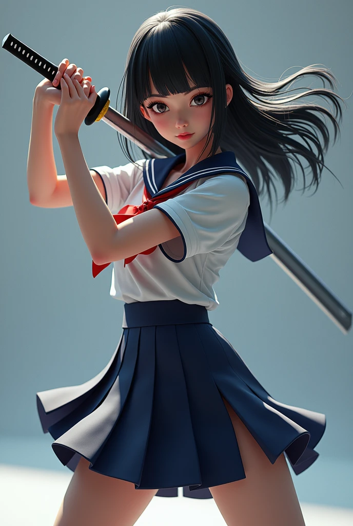 (Ultra HD, Highest quality, High resolution, Surreal, so beautiful), 24000dpi,  Special Move Stance, Beautiful woman, Long Tail, Well-formed eyes, Best Vision, 18-year-old, attractive, Perfect body, Physical Beauty, (Sailor suit, mini skirt),whole body，Kenpo wielder，Be on guard，