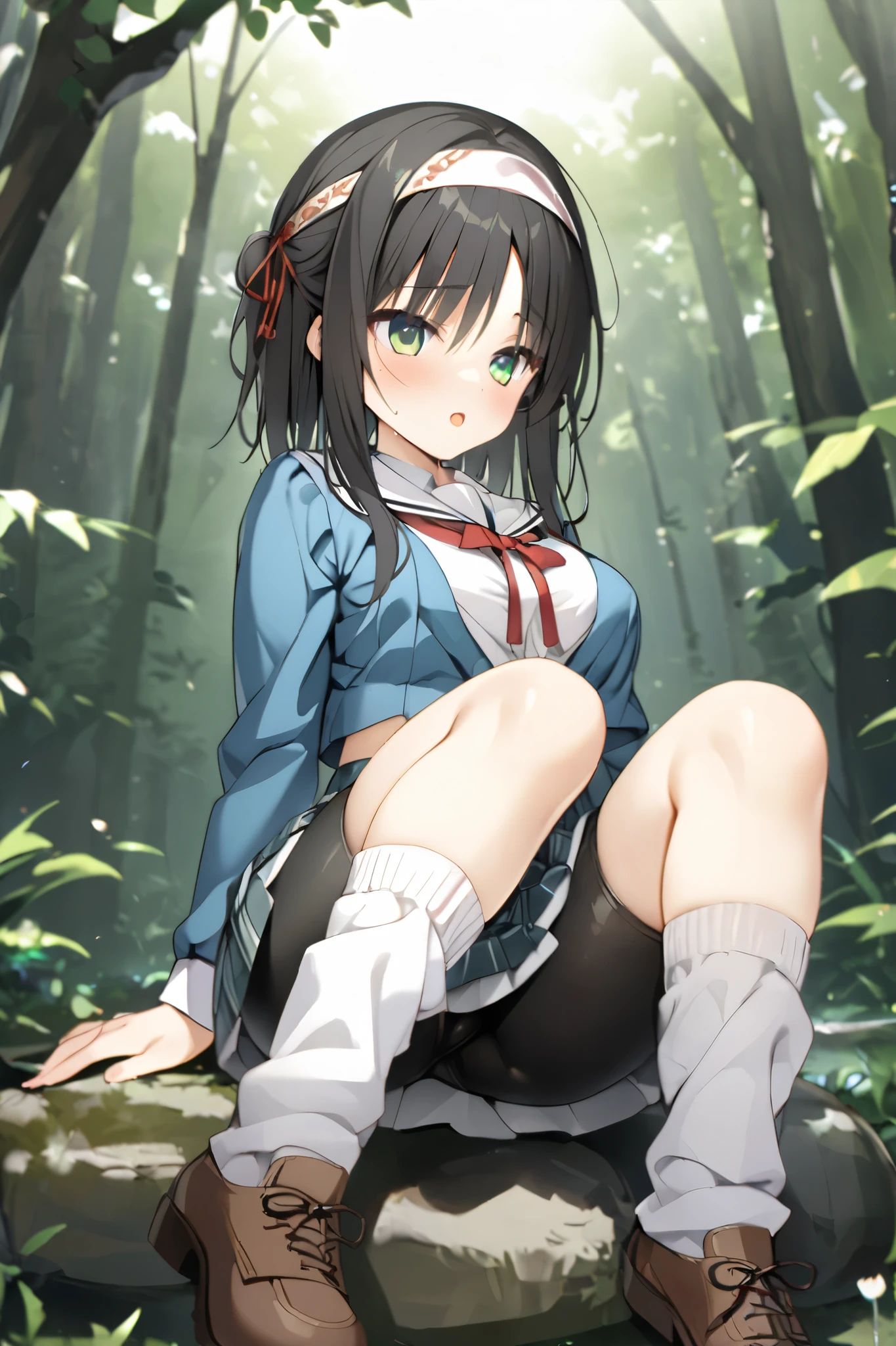 NSFW,masterpiece, top quality , high res, very detailed,Hitachi Moko、Yuzu Soft、 black hair、 medium hair、Green Eyes、 、 medium bust、 School Uniforms、side lock、short hair and long rock 、 headband、Tassel、 white sailor color 、 blue jacket、 cropped jacket 、Sleeveless、Red ribbon、 shirt、白 shirt、 Long Sleeve 、 skirt、青 skirt、フリル skirt、 black shorts、ショートパンツアンダー skirt、 bike shorts、 white socks、 Loose Socks 、shoes、Brown footwear, in the woods