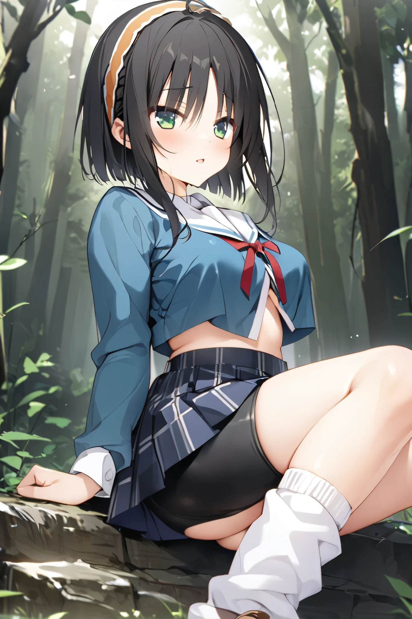 NSFW,masterpiece, top quality , high res, very detailed,Hitachi Moko、Yuzu Soft、 black hair、 medium hair、Green Eyes、 、 medium bust、 School Uniforms、side lock、short hair and long rock 、 headband、Tassel、 white sailor color 、 blue jacket、 cropped jacket 、Sleeveless、Red ribbon、 shirt、白 shirt、 Long Sleeve 、 skirt、青 skirt、フリル skirt、 black shorts、ショートパンツアンダー skirt、 bike shorts、 white socks、 Loose Socks 、shoes、Brown footwear, in the woods