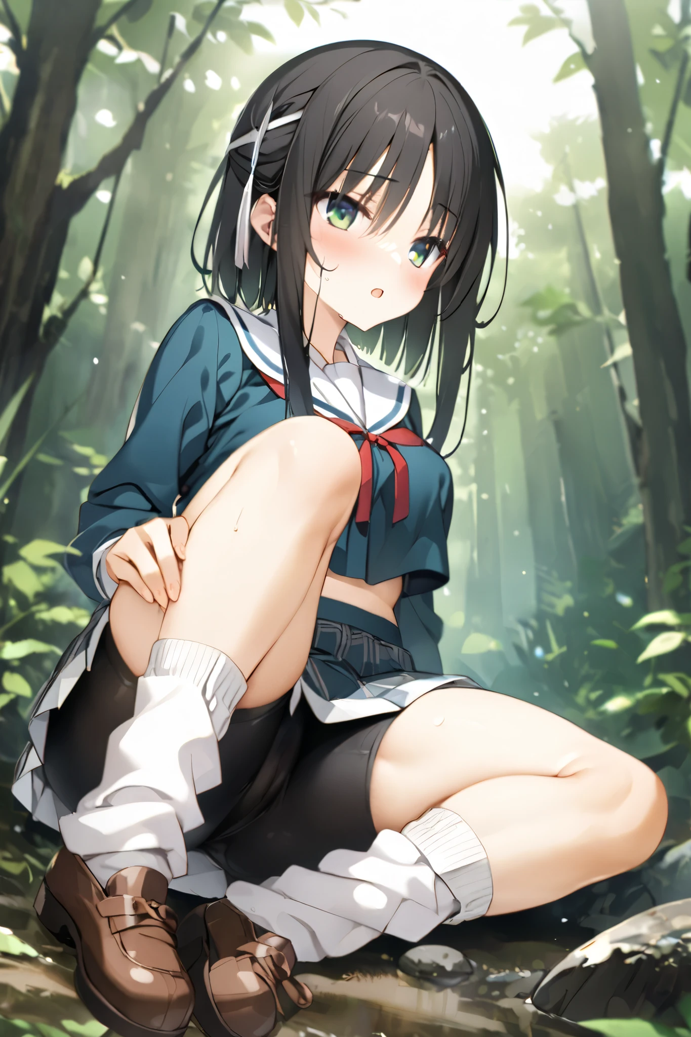 NSFW,masterpiece, top quality , high res, very detailed,Hitachi Moko、Yuzu Soft、 black hair、 medium hair、Green Eyes、 、 medium bust、 School Uniforms、side lock、short hair and long rock 、 headband、Tassel、 white sailor color 、 blue jacket、 cropped jacket 、Sleeveless、Red ribbon、 shirt、白 shirt、 Long Sleeve 、 skirt、青 skirt、フリル skirt、 black shorts、ショートパンツアンダー skirt、 bike shorts、 white socks、 Loose Socks 、shoes、Brown footwear, in the woods