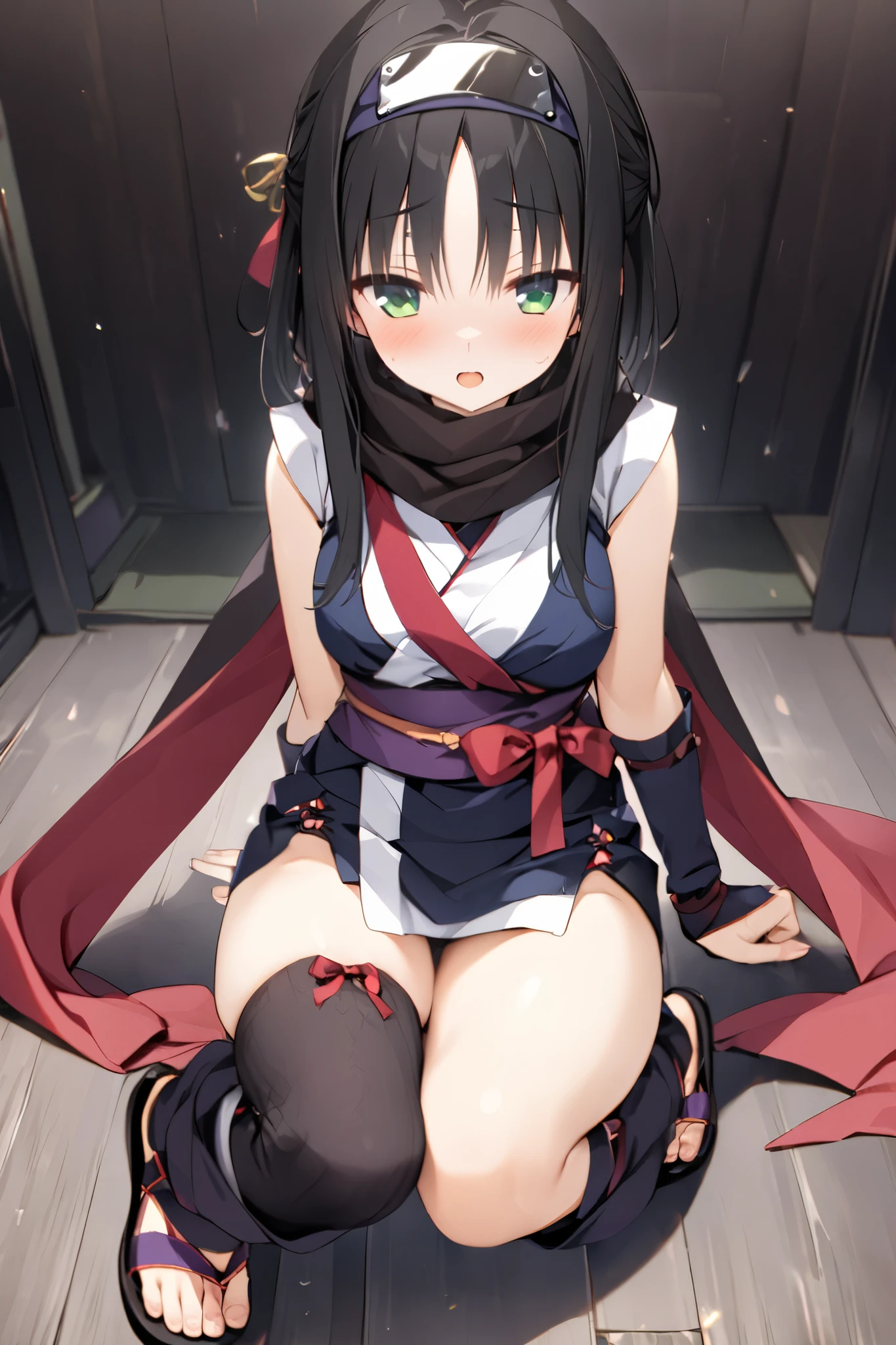 NSFW,masterpiece, top quality , high res, very detailed,Hitachi Moko、Yuzu Soft、 black hair、 medium hair、Green Eyes、 、 medium bust、Ninja、side lock、 short hair 、 Long Locks、Forehead protector、black scarf 、Red scarf、 two-tone scarf 、 kimono、Ninja、 sleeveless 、Red ribbon、Purple Belt、gloves、青gloves、肘gloves、指なしgloves、short kimono 、 leg warmers with bow、 cross lace legwear、Sandals、 toeless footwear 