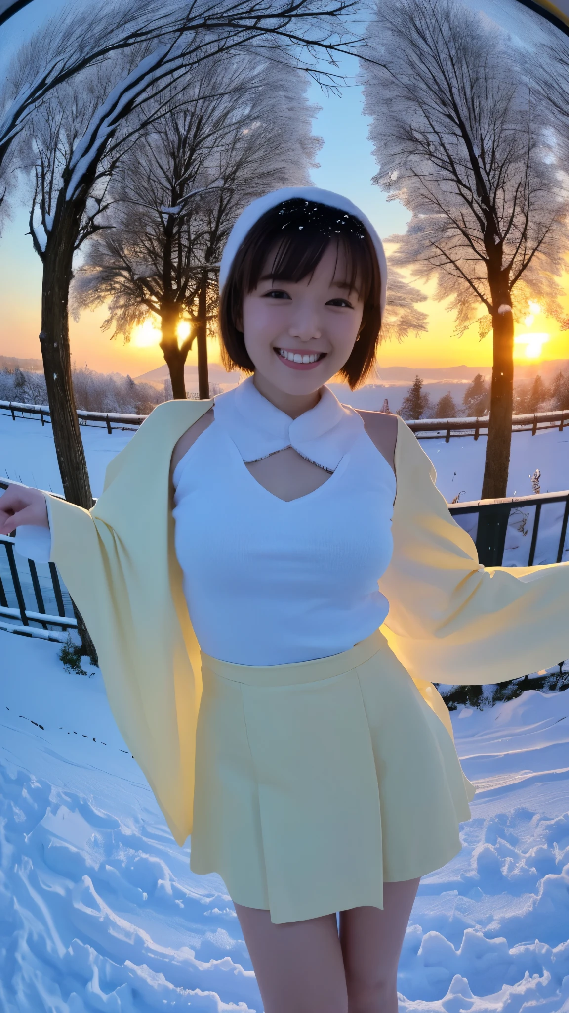 masterpiece, top quality, high image quality,( super flat , flat shading ), fisheye lens, beautiful ite trained young Japanese girl、 mini skirt Santa costume 、 short hair , Big Breasts , smile, smile, White Breath,fun, winter, snow, 新snow,dusk, Beautiful Sunsets ,Wide angle, bright color ,Strong winds,Flowing hair、solo、
