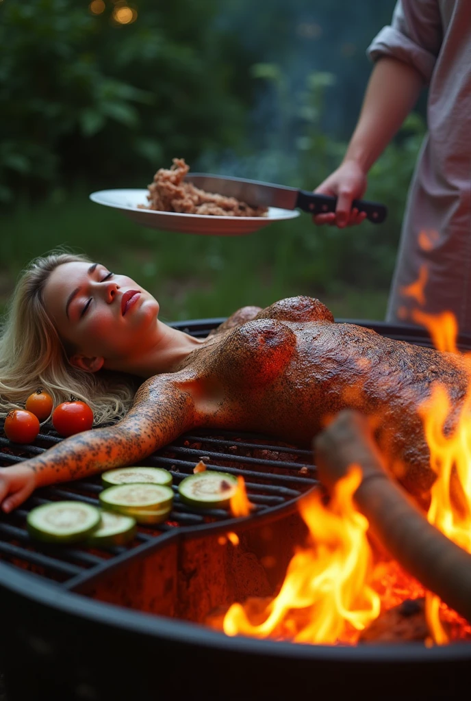 Girl with big breasts being cooked in a cauldron (on top of a fire) full of soup (realisitic)