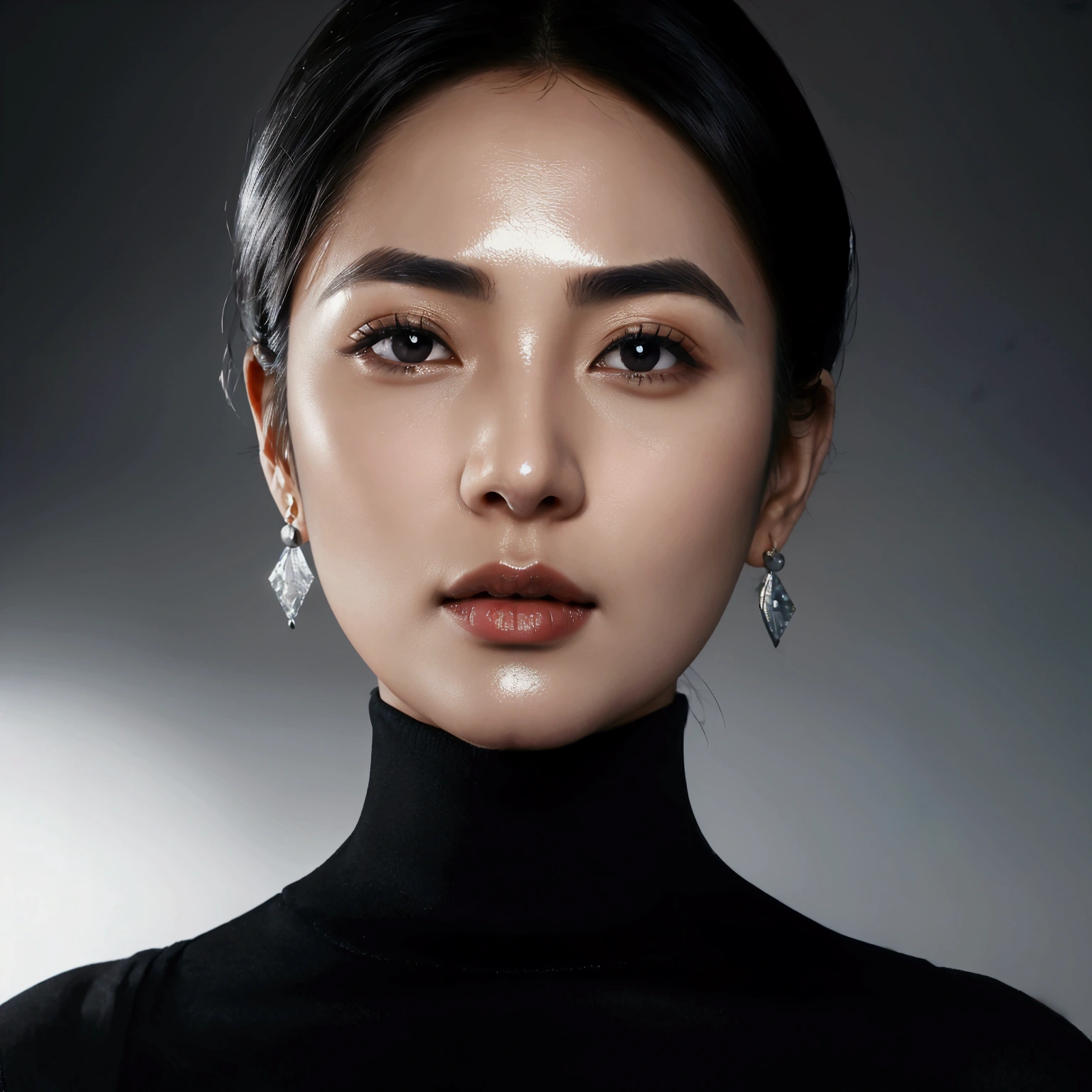 40 years old Japanese beautiful woman, MILF, inverted triangle face, droopy eyes, black eyes, dark and thick eyebrows, big mouth, thin lips, very small earrings, black bob hair, perfect makeup, clear skin, shiny skin, face is shiny, bright blue turtleneck sweater, black suit jacket, bust shot, front view, news program studio, masterpiece, best quality, ultra detailed, photorealistic, high resolution, masterpiece, best quality, ultra detailed, photorealistic, high resolution, NFSW,