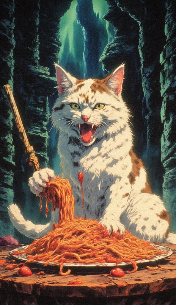 dvd screenshot of 1987 Dark Souls fantasy film, scene of a A cute white with brown spots cat eating messy spaghetti with tomato sauce, illustration by Hergé, stunning color scheme, masterpiece