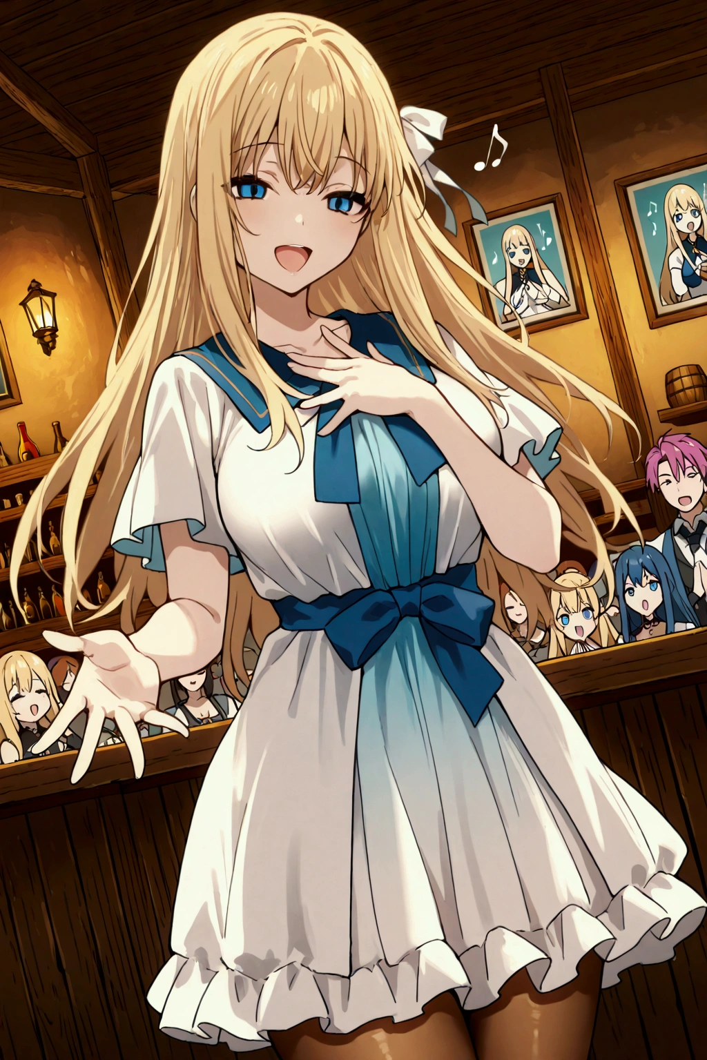 alone, girl, Full from Tate no yuuya, talla, adulto, long Blonde hair, blue eyes, white dress,Big blue ribbons on dress, pretty tights, firm breast, Big smile, singing a song, on hand upon her chest, music notes, no shoes, ornamental pin filolial, tavern, show, sing, people claping,perfect scene , Masterpiece, score 9, anime colors, sideways, AMERICAN SHOT, beautiful, composition, HARMONY, high quality, poster quality ,beautiful, feminine.