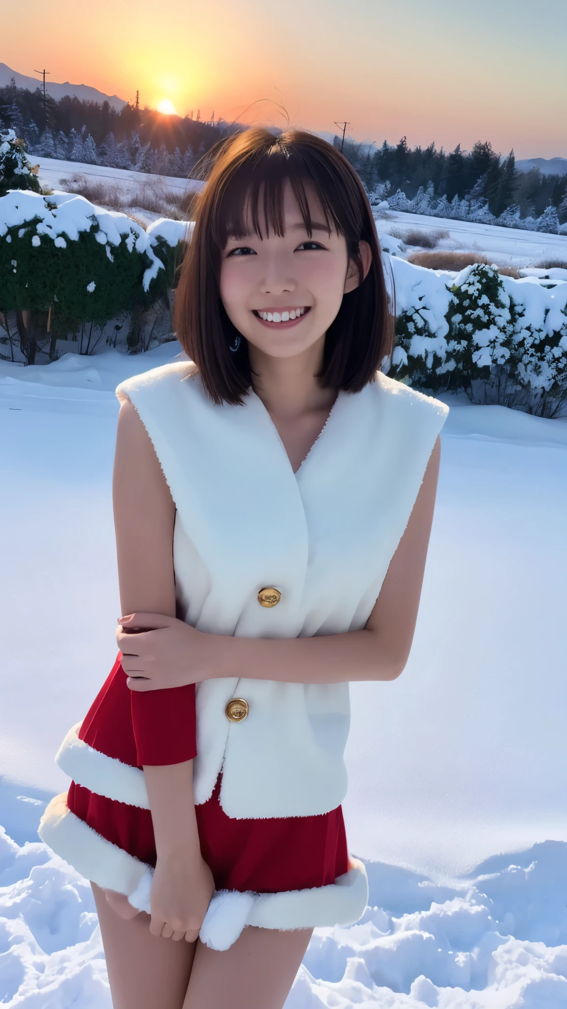 masterpiece, top quality, high image quality,( super flat , flat shading ), fisheye lens, beautiful ite trained young Japanese girl、miniskirt santa claus costume、 short hair , Big Breasts , smile, smile, White Breath,fun, winter, snow, 新snow,dusk, Beautiful Sunsets ,Wide angle, bright color ,Strong winds,Flowing hair、solo、