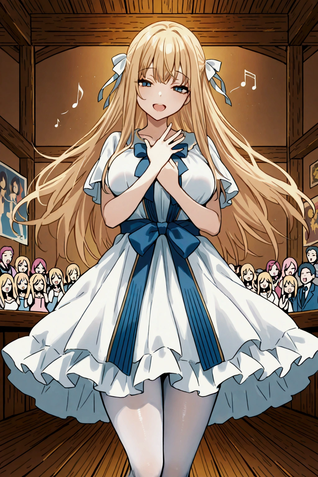 alone, girl, Full from Tate no yuuya, talla, adulto, long Blonde hair, blue eyes, white dress,Big blue ribbons on dress, pretty tights, firm breast, Big smile, singing a song, on hand upon her chest, music notes, no shoes, ornamental pin filolial, tavern, show, sing, people claping,perfect scene , Masterpiece, score 9, anime colors, sideways, AMERICAN SHOT, beautiful, composition, HARMONY, high quality, poster quality ,beautiful, feminine.