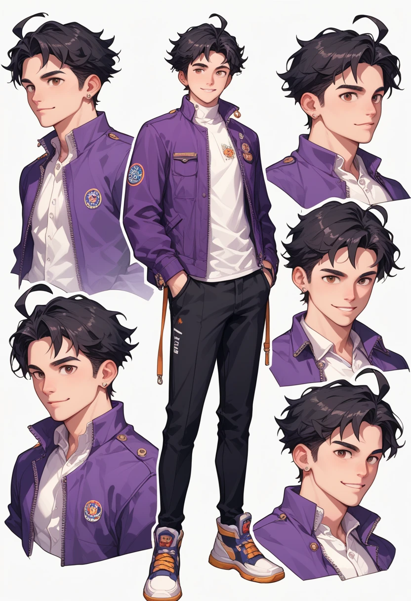 (( masterpiece fails, highest quality)),  detailed face,  leaf characteristic ,  full height, full of details ,  Multiple poses and expressions ,  smile very detailed, depth, many parts,  1 boy ,  A young man,  black pants ,  white shirt inflate , purple jacket,  long sleeves,  black hair,  hair consumes , ahoge,  brown eye 