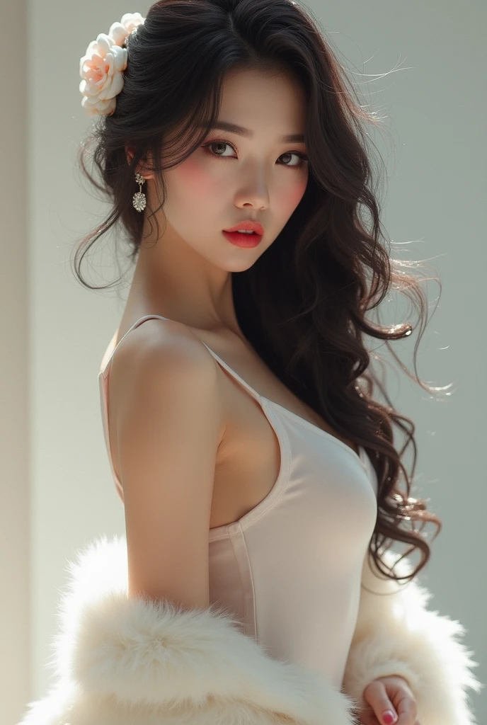(tmasterpiece,super detailing),A sexy and cute young lady,long whitr hair,Black eyes,Perfect skin,Super detailed facial details,4k,8k,black lence stockings,a sexy pose,blossoms,toys,stuffed doll,stocklings,sheets,office room