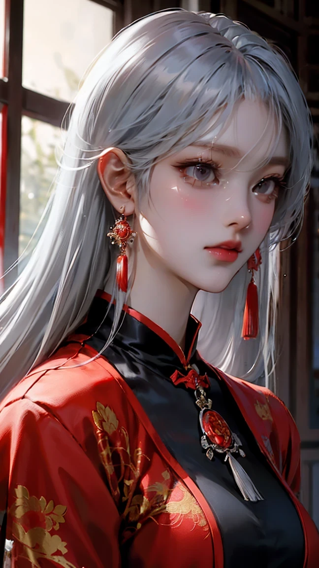   The gray-haired, red-eyed woman in a Chinese style dress is a bit like anime, that&#39;  s Art ny and her clothes are slightly closed  , she has a scarf or a cloak like that, so she wears a cloak like that so that it&#39;s is slightly closed  , Big Breasts  (nsfw:1.2)