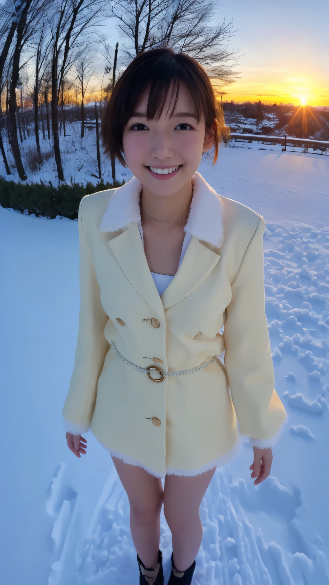 masterpiece, top quality, high image quality,( super flat , flat shading ), fisheye lens, beautiful petite trained young Japanese girl、 Miniskirt Santa Costume Cosplay、 short hair , Big Breasts , smile, smile, White Breath,fun, winter, snow, 新snow,dusk, Beautiful Sunsets ,Wide angle, bright color ,Strong winds,Flowing hair、solo、Standing on the Chimney 、