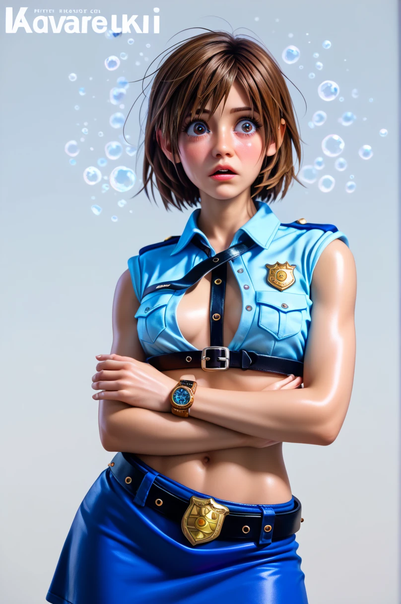  One girl ,  Kairi from Kingdom Hearts,( viewers:1.0),( slender body:1.2),(Blushed face:1.0),real skin ,small breasts,  shiny hair ,  Super Detailed Black Eyes,( Equipped Police Belt :1.5),( watch ),( shot from the front:1.2),24K,(Standing in a sexy pose:1.2),(Drunk:1.2),(Surprised:1.0),(mini length police skirt:1.2),(rolled up sleeveless police shirt ),Captivating thighs,( unmanned white background in the center of the screen:1.2),(Naturally :1.0),(( real:1.0)),(( realistic :1.0)),((Piece on chest :1.5)),(( cowboy shot:1.5))