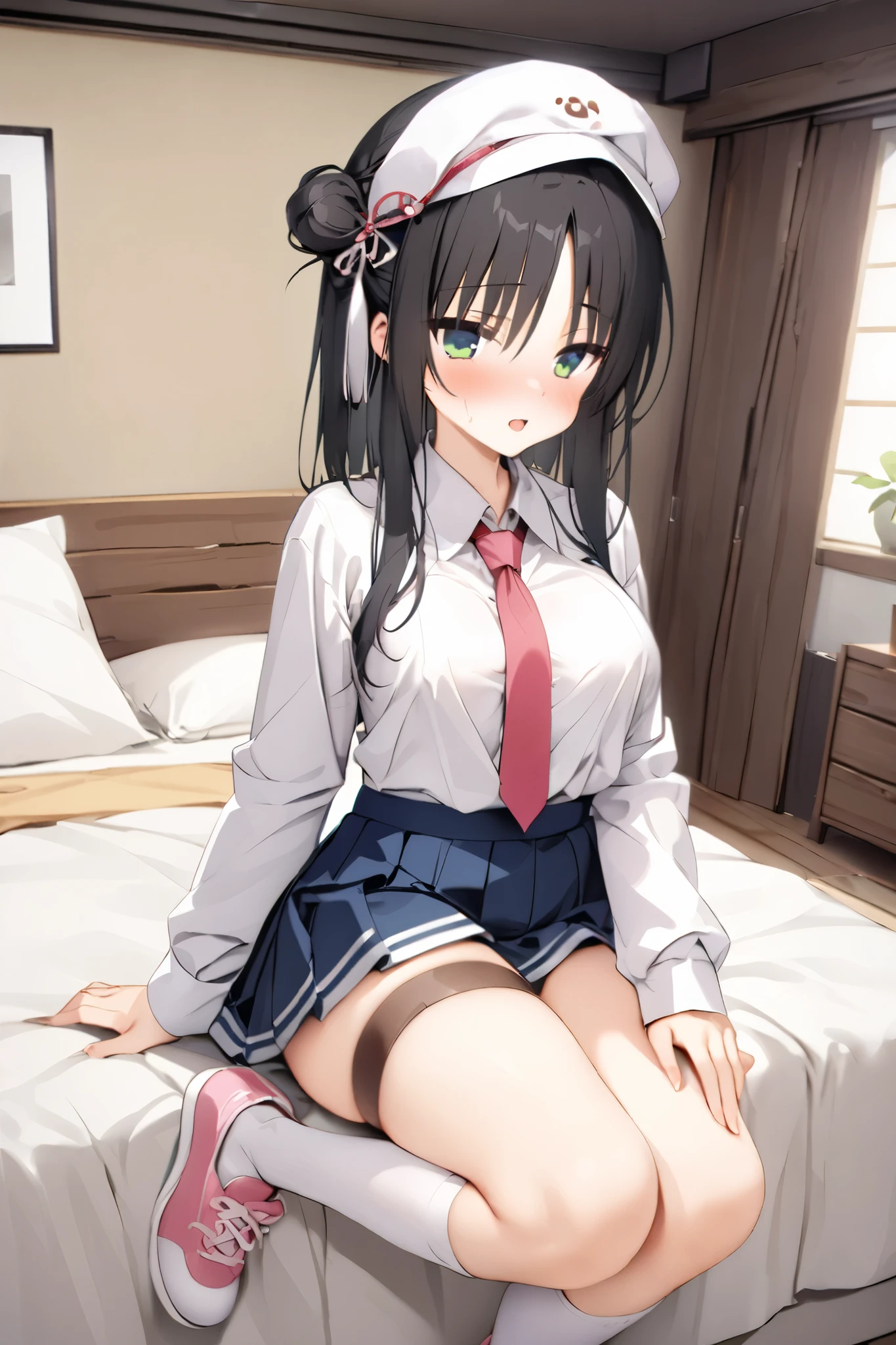 NSFW,masterpiece, top quality , high res, very detailed,Hitachi Moko、Yuzu Soft、 black hair、 medium hair、Green Eyes、 、 medium bust、 bun hair 、 single bun、 single sided bun、 Tassel Headwear 、 ties、赤い ties、Best、青いBest、 shirt、白い shirt、襟付き shirt、 Long Sleeve 、 Blue Skirt 、 miniskirt、 pleated skirt、 thigh high socks、白い thigh high socks、 thigh strap 、 absolute domain、shoes、 pink footwear , girl's room