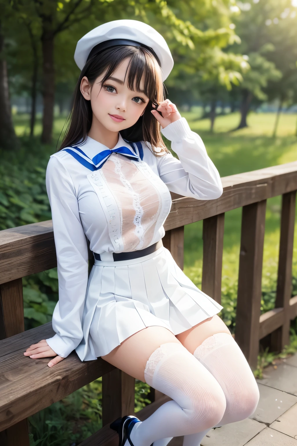 Best quality, full body focus, full body shot, perfect face, soft light, ultra high res, 8k, Masterpiece, , , view the viewer, full body , Front view, (1girl), , Cute face, (blue eys:1.5), (Dark brown Medium hair), beautiful medium breasts, , Beautiful boob, Beautiful finger, Beautiful hands, Beautiful arms, Beautiful feet, Beautiful legs, (high resolution detail of human skin texture) , ((white long sleeves sailor uniform, white pleated skirt, knee-high socks, white with lace trim, white pin high heels)), , Park,, , (( standing, , smiling, nose blush) , (see-through:0.3)shirt, ,)) , ,score_9, solo, no bra, no panties, ,