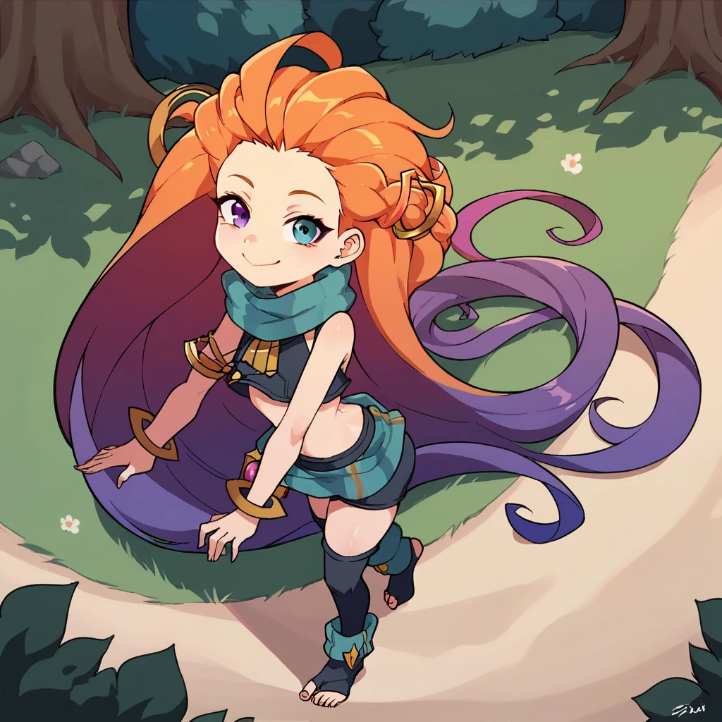 1 girl, Alone, zoe,  long hair, blows, Blue eyes,  purple eyes, pelo rosado , Braid, Bermuda,  round,  round hair,  round skin, heterochromia, black Bermuda,  black socks, toeless legwear,  bare shoulders , small chest,  red hair, Crop top, very  long hair, bike Bermuda, green scarf,  orange hair , multicolo red hair,  high stockings , Gloves, purple hair, scarf, short Bermuda, bracelet, absurdly  long hair, score_9,  score_8_above,  score_7_above,  score_6_above,  score_5_above,  score_4_above ,BREAK source_animated, animated ,
outdoors, forest, Walking on the road, Looking at the viewer, Smile grimace, to throw, ass,  vagina, pen, pentracion