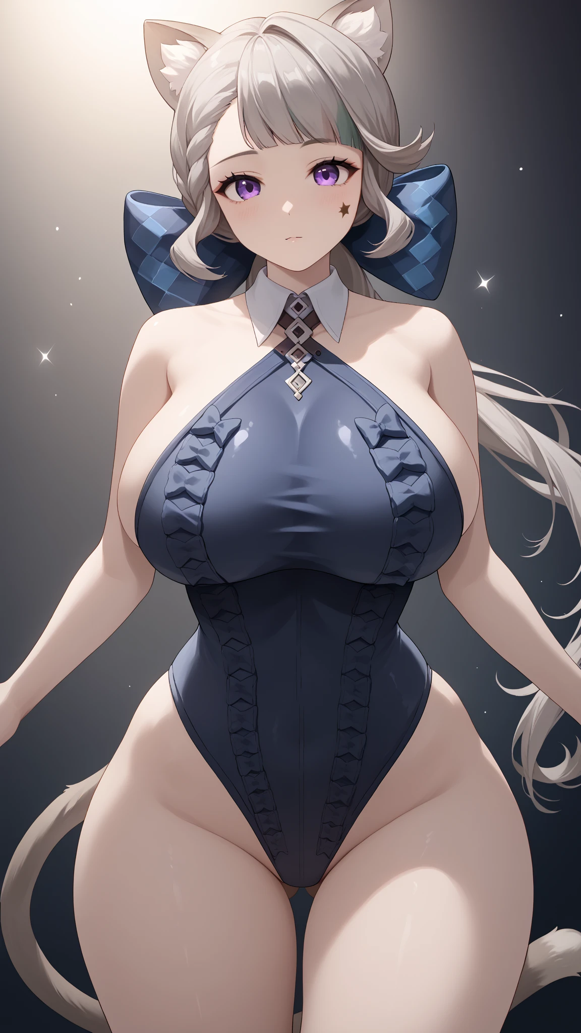 ((((1girl)))), (((cute swimsuit))), ((sexy pose)), (huge breasts, big butt, wide hips), lynettedef, purple eyes, grey hair, long hair, braid, animal ears, animal ear fluff, cat girl, star \(symbol\, hair bow, cat tail, intricate detail, hyper-anime, trending on artstation, 8k, stunning shading, anime, highly detailed, realistic, dramatic lighting, beautiful, animation, sharp focus, award winning, masterpiece, cinematic, dynamic, cinematic lighting, breathtaking, exquisite, great attention to skin and eyes, exceptional, exemplary, unsurpassed, viral, popular, buzzworthy, up-and-coming, emerging, promising, acclaimed, premium, seductive look, 