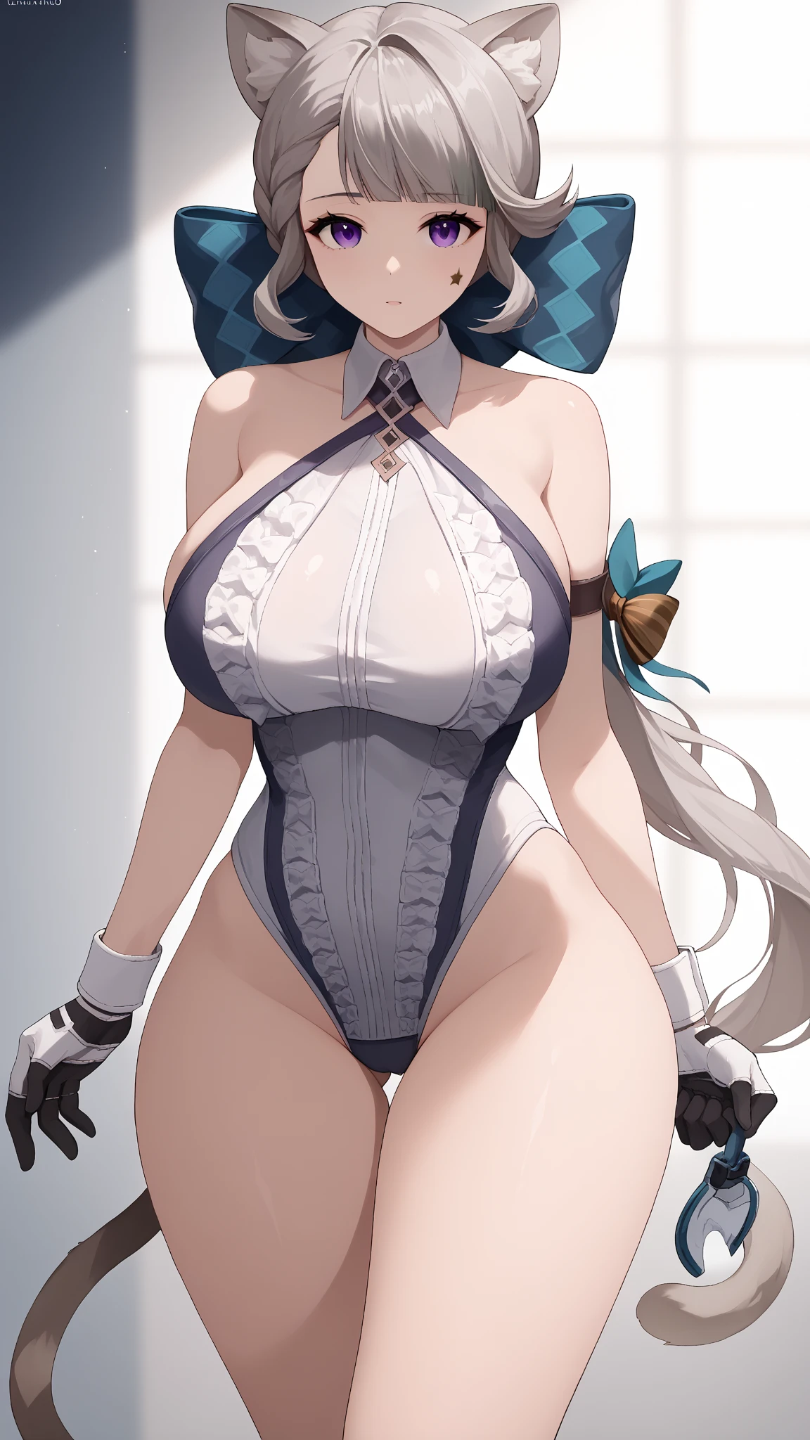 ((((1girl)))), (((cute swimsuit))), ((sexy pose)), (huge breasts, big butt, wide hips), lynettedef, purple eyes, grey hair, long hair, braid, animal ears, animal ear fluff, cat girl, star \(symbol\, hair bow, cat tail, intricate detail, hyper-anime, trending on artstation, 8k, stunning shading, anime, highly detailed, realistic, dramatic lighting, beautiful, animation, sharp focus, award winning, masterpiece, cinematic, dynamic, cinematic lighting, breathtaking, exquisite, great attention to skin and eyes, exceptional, exemplary, unsurpassed, viral, popular, buzzworthy, up-and-coming, emerging, promising, acclaimed, premium, seductive look, 