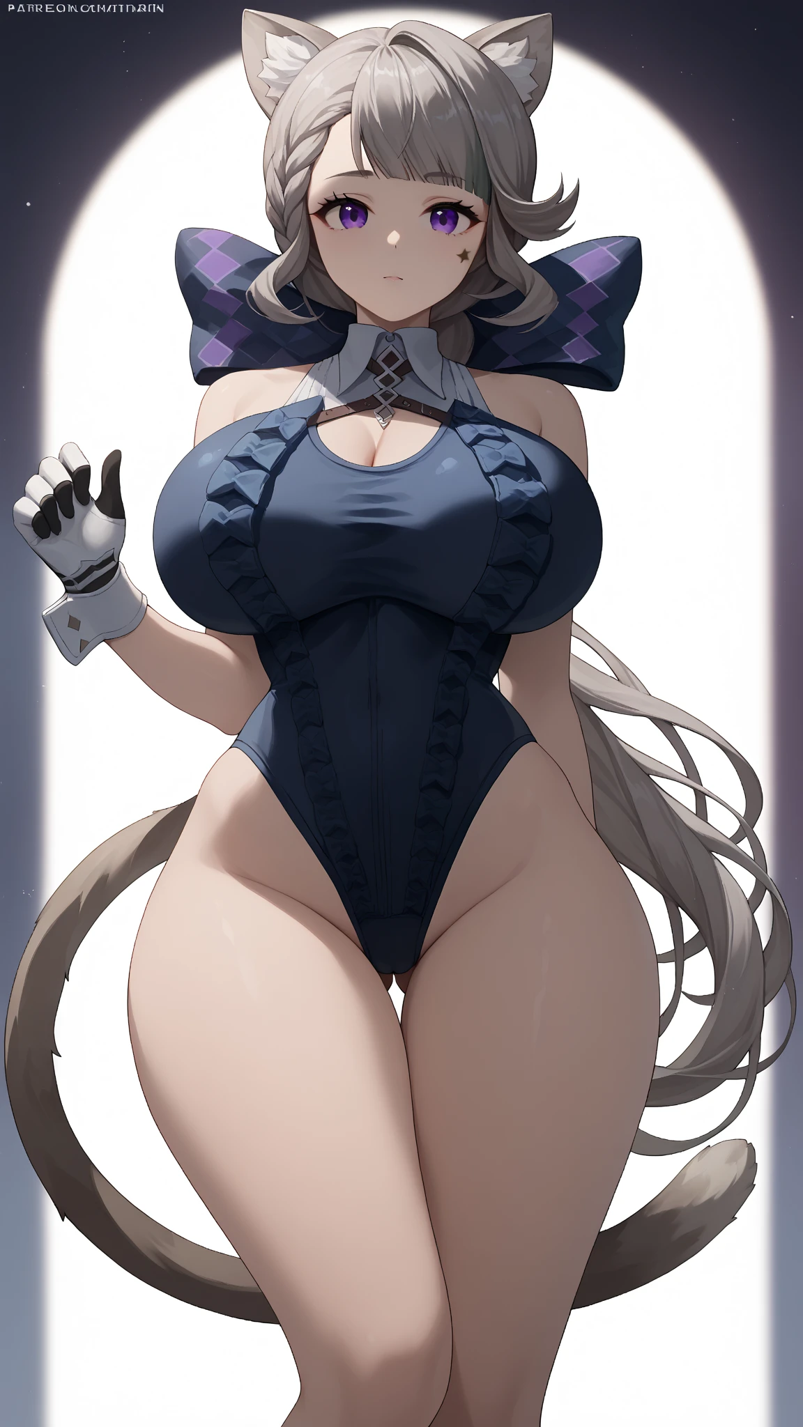 ((((1girl)))), (((cute swimsuit))), ((sexy pose)), (huge breasts, big butt, wide hips), lynettedef, purple eyes, grey hair, long hair, braid, animal ears, animal ear fluff, cat girl, star \(symbol\, hair bow, cat tail, intricate detail, hyper-anime, trending on artstation, 8k, stunning shading, anime, highly detailed, realistic, dramatic lighting, beautiful, animation, sharp focus, award winning, masterpiece, cinematic, dynamic, cinematic lighting, breathtaking, exquisite, great attention to skin and eyes, exceptional, exemplary, unsurpassed, viral, popular, buzzworthy, up-and-coming, emerging, promising, acclaimed, premium, seductive look, 